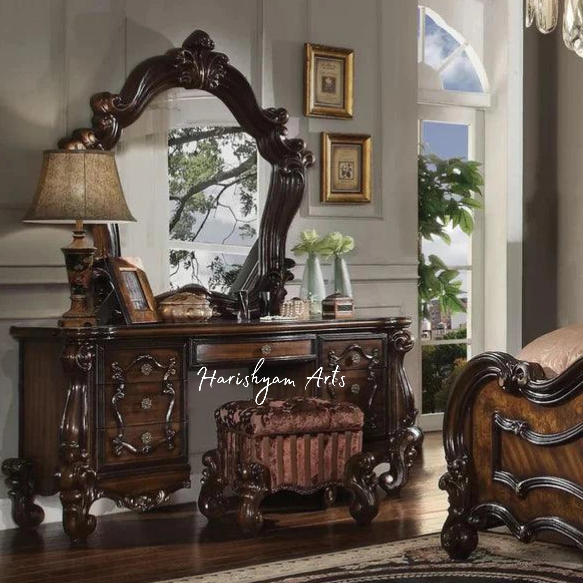 Elegant Drepster Hand-Carved Wooden Vanity Table with Mirror