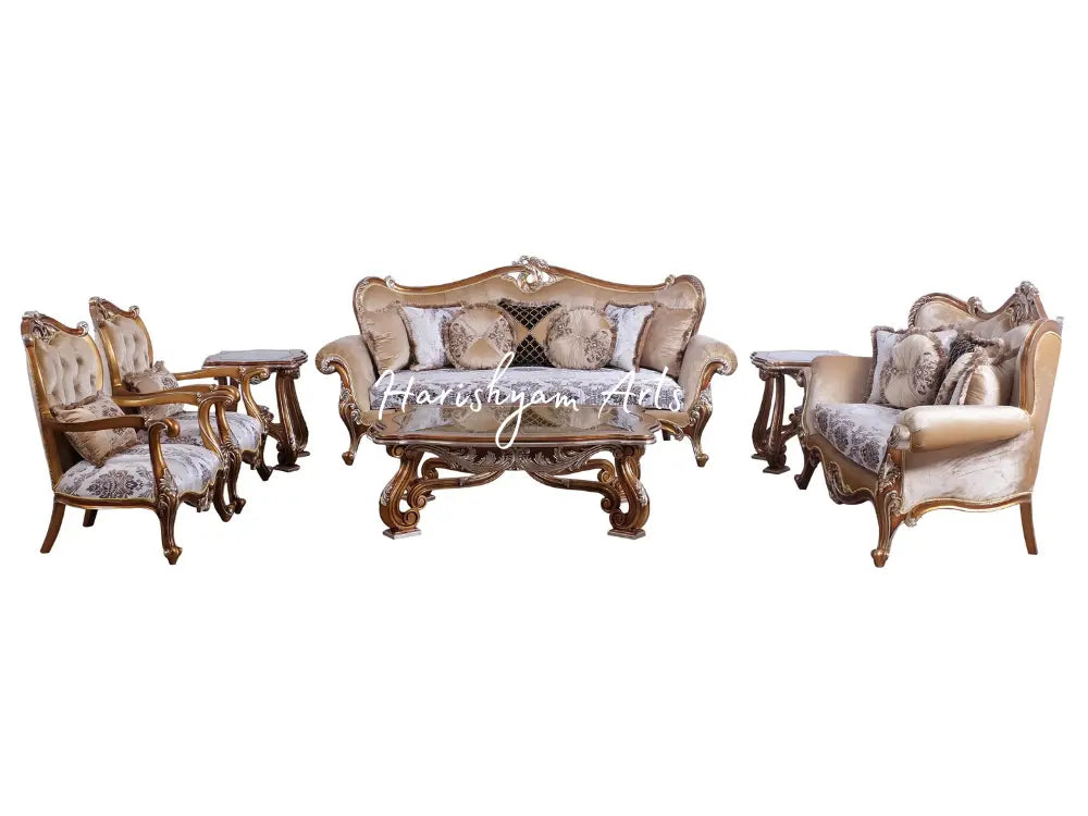 Elegant Gold and Brown Wood Trim Luxury Sofa Set
