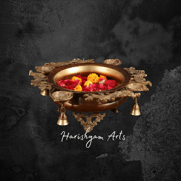 Elegant Pure Brass Urli with Attached Diyas for Temple and Pooja Room