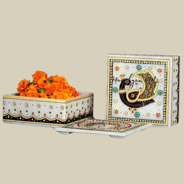 Elegant Pure White Marble Box with Traditional Meenakari Work