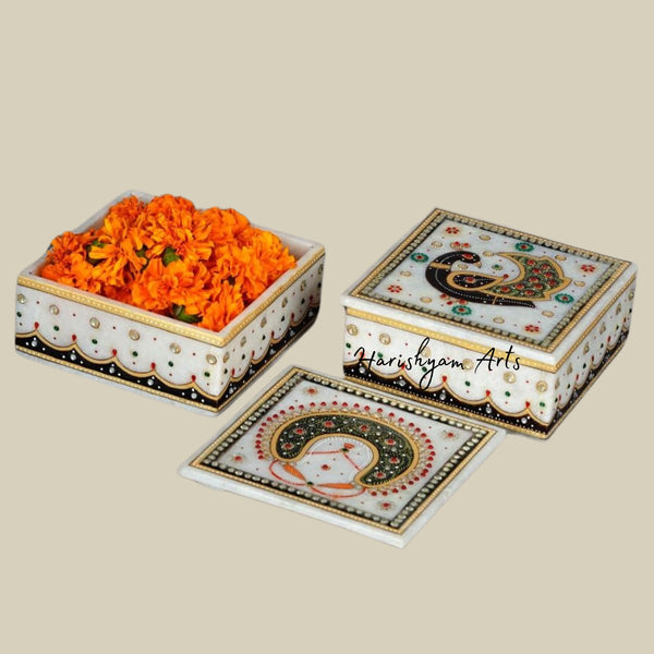 Elegant Pure White Marble Box with Traditional Meenakari Work
