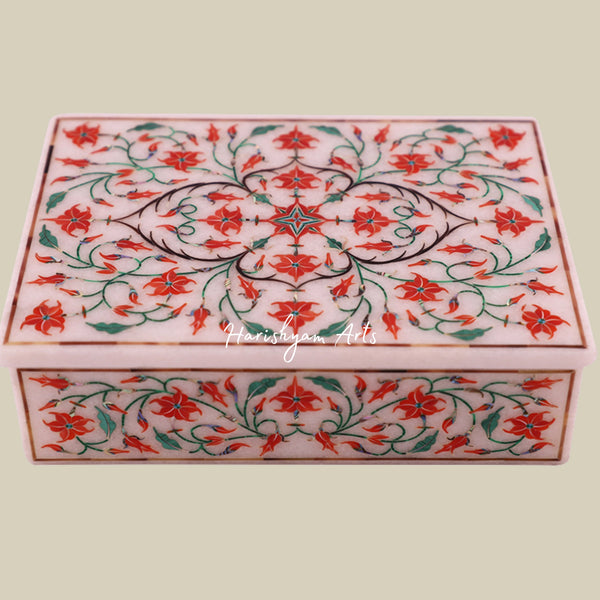 Elegant Rectangular White Marble Jewelry Box with Decorative Inlay