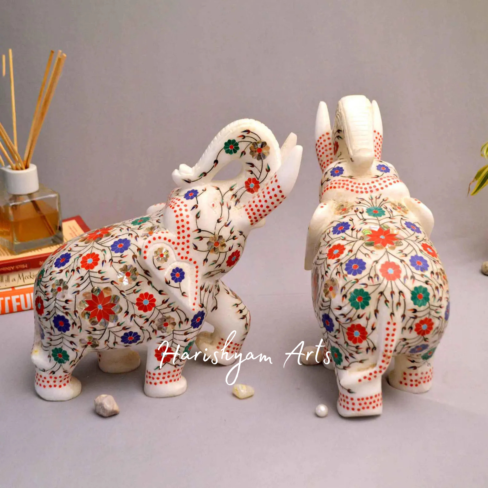 Elephant Pair with Red Gemstone Inlay Work Collectible Showpiece
