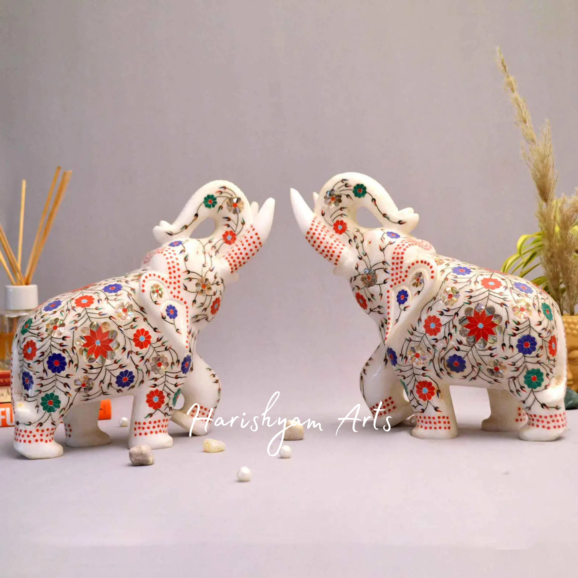 Elephant Pair with Red Gemstone Inlay Work Collectible Showpiece