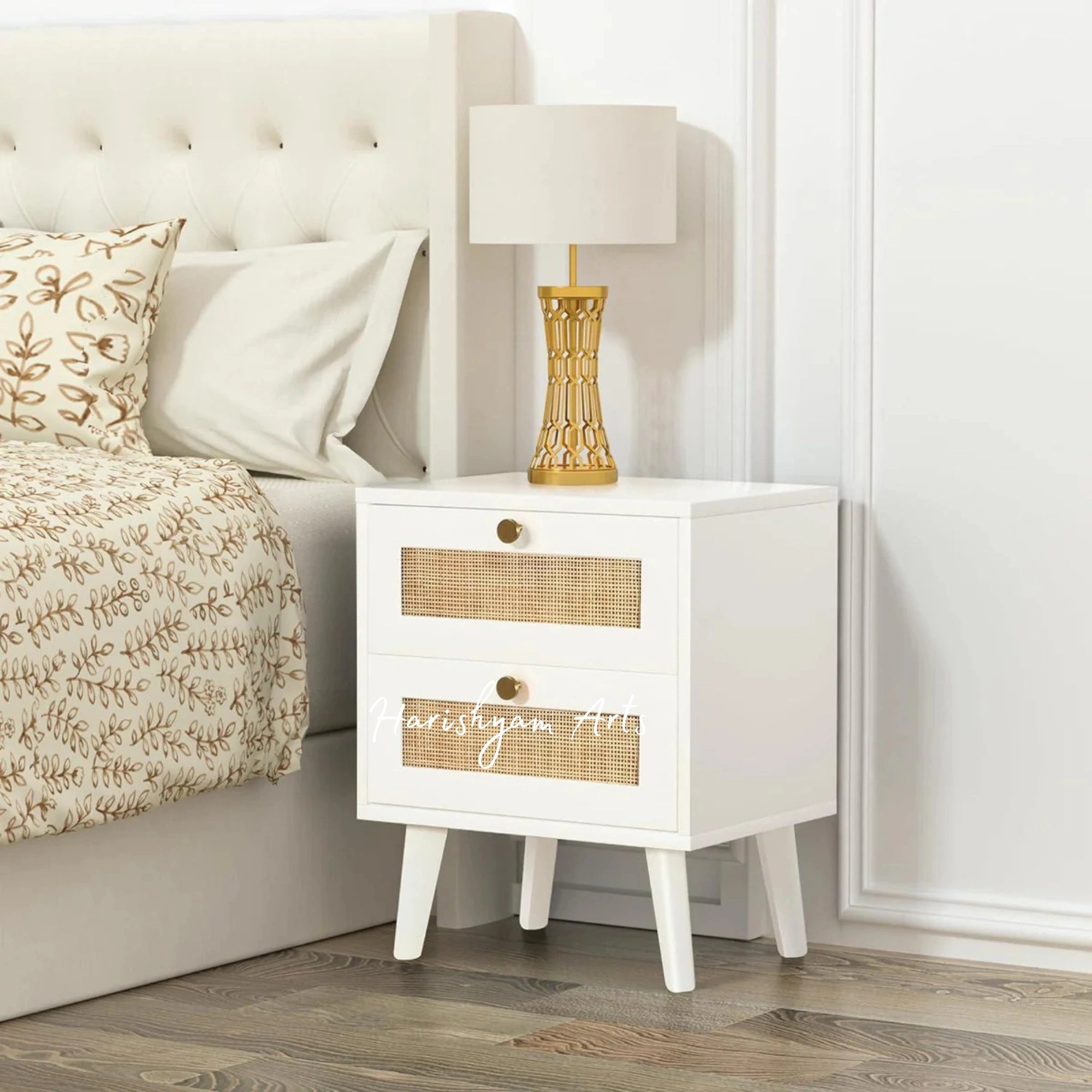 Farmhouse White Nightstand with Rattan Design and Two Drawers