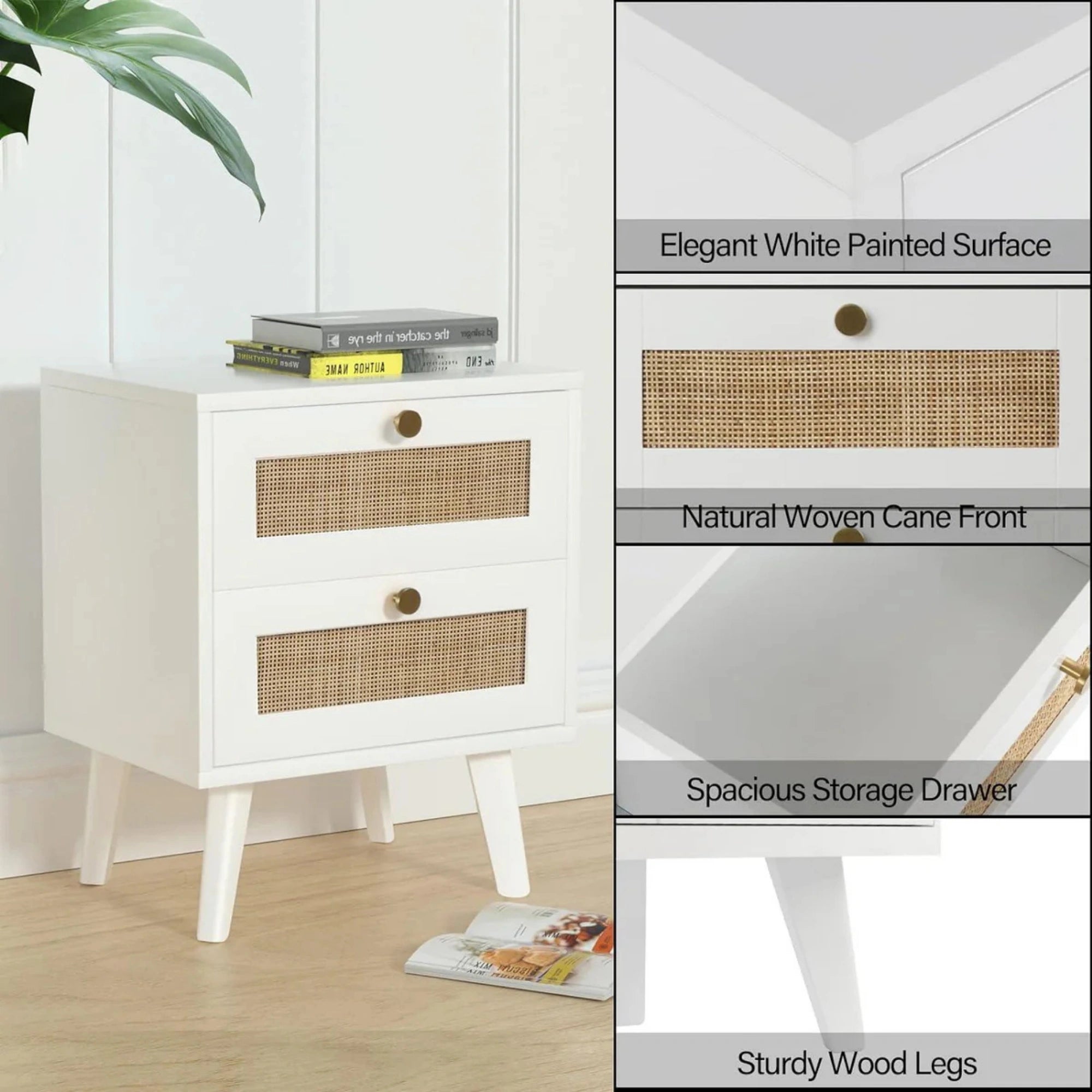 Farmhouse White Nightstand with Rattan Design and Two Drawers