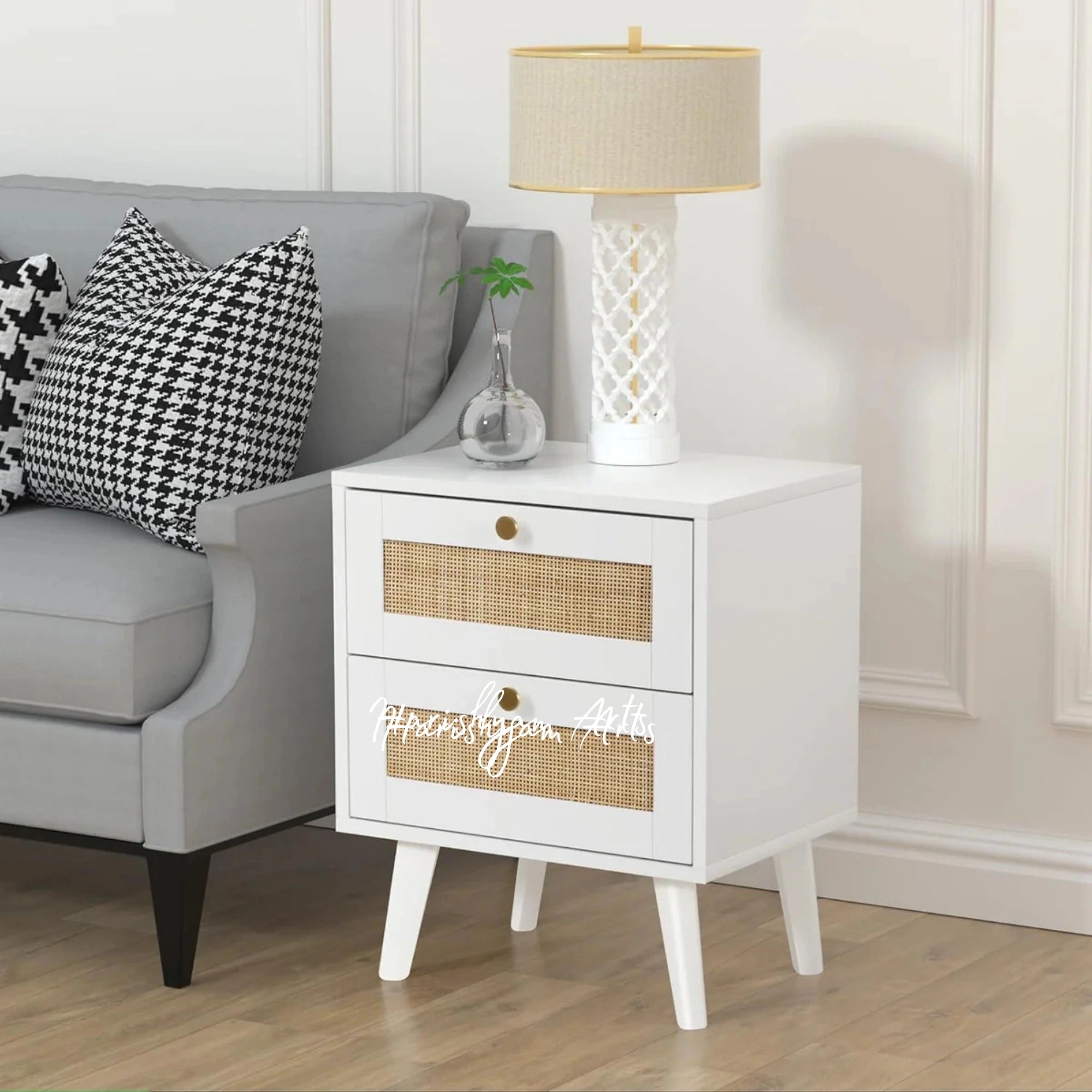 Farmhouse White Nightstand with Rattan Design and Two Drawers