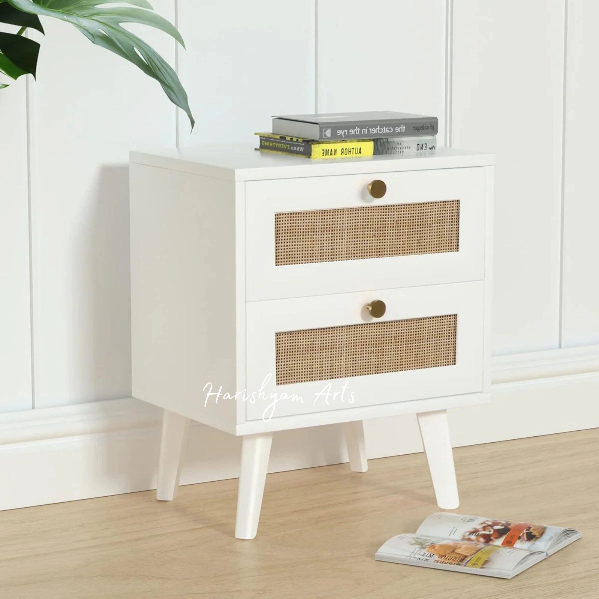 Farmhouse White Nightstand with Rattan Design and Two Drawers