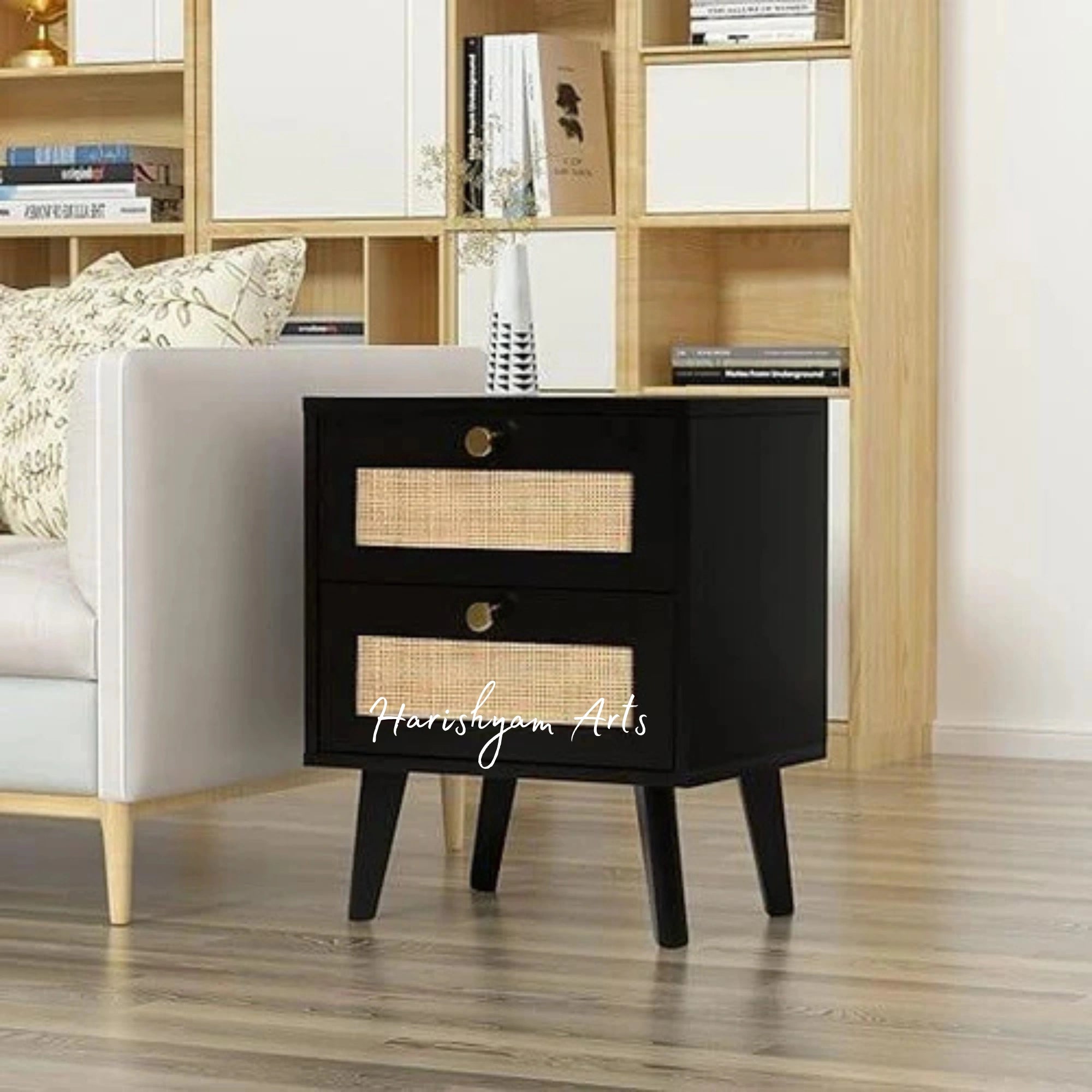 Farmhouse White Nightstand with Rattan Design and Two Drawers