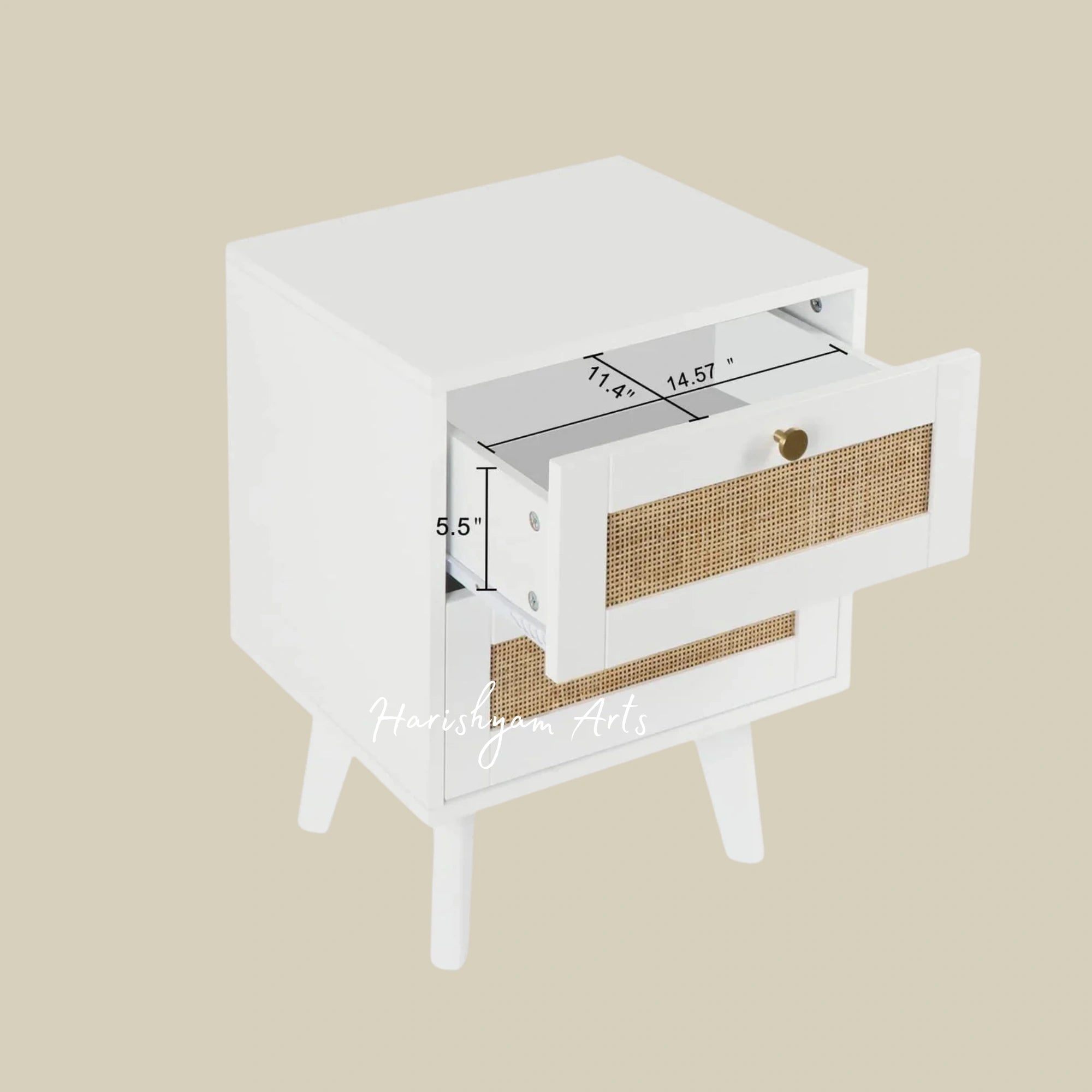 Farmhouse White Nightstand with Rattan Design and Two Drawers