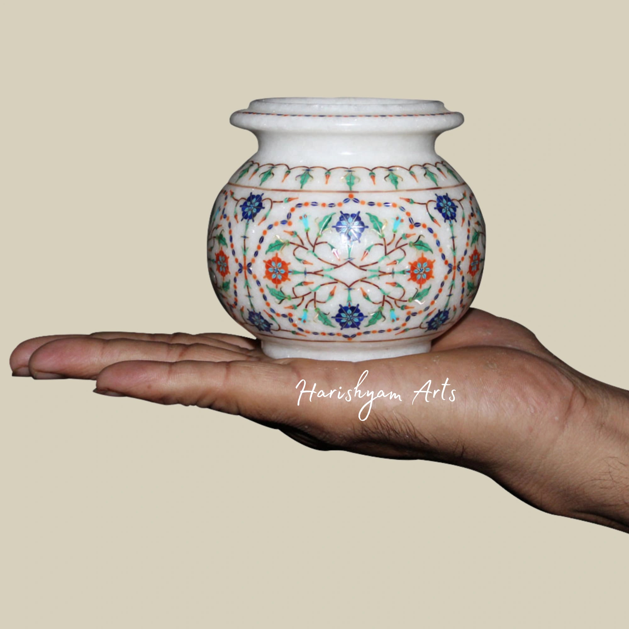 Floral Decorative Marble Flower Pot Elegant Handicraft Piece