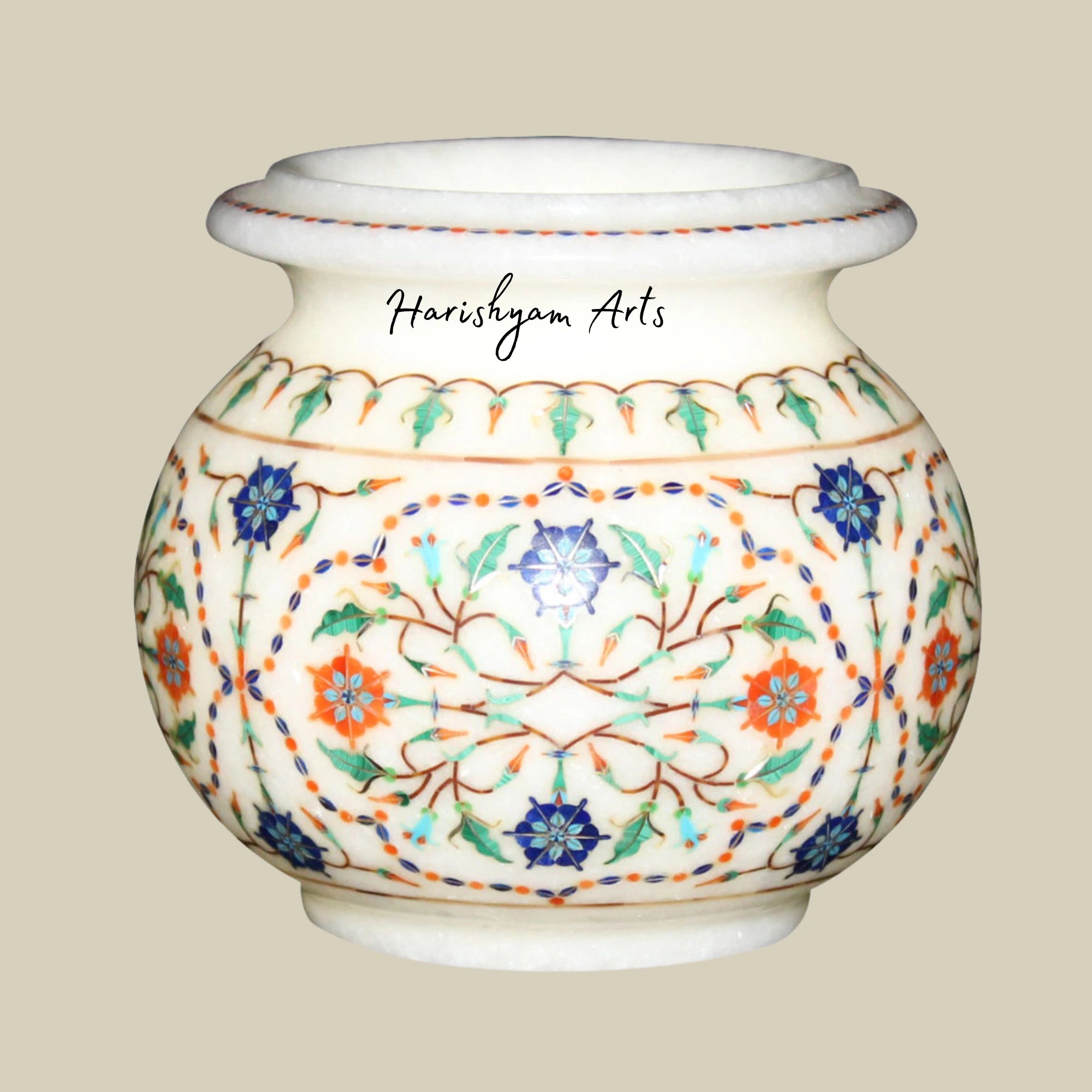 Floral Decorative Marble Flower Pot Elegant Handicraft Piece