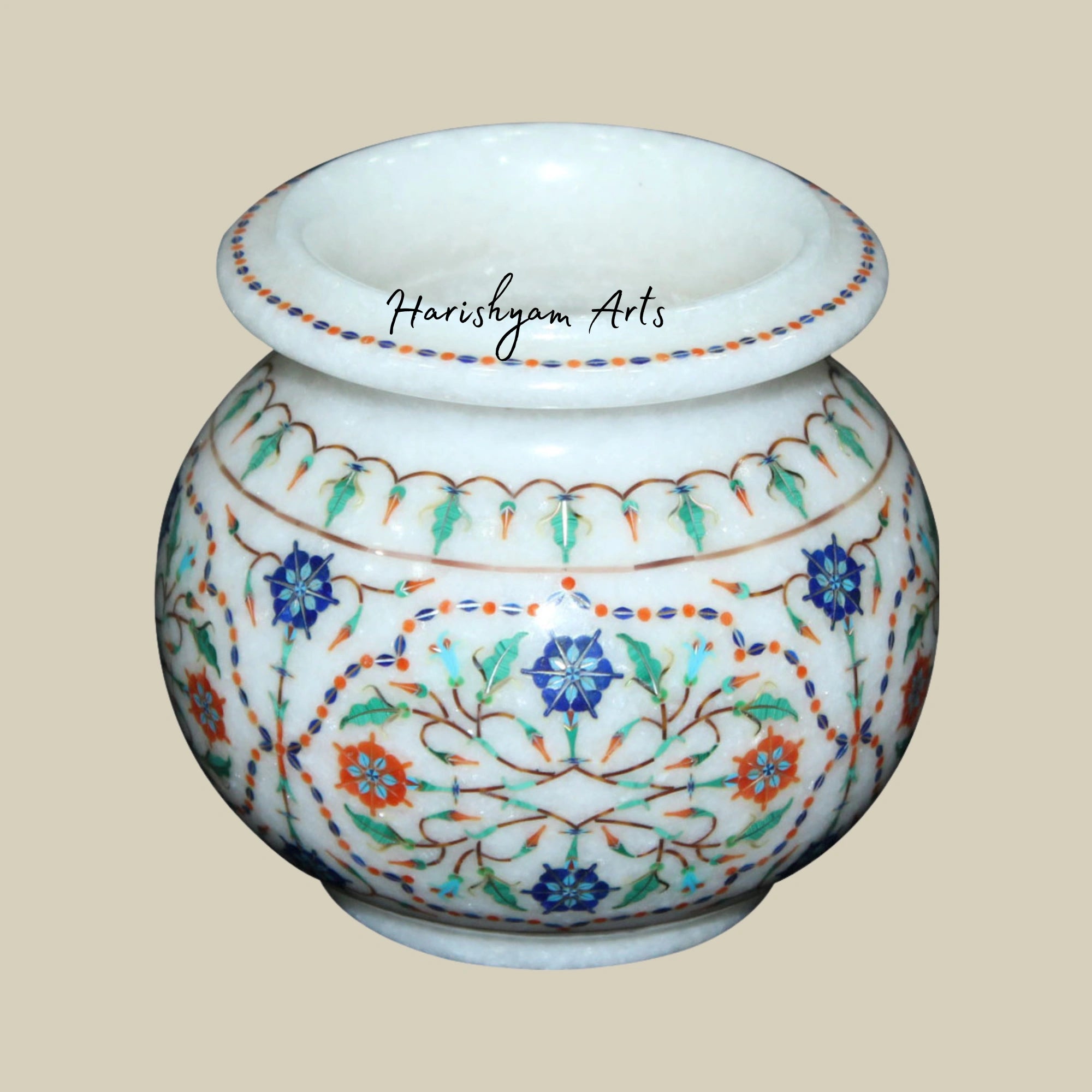 Floral Decorative Marble Flower Pot Elegant Handicraft Piece
