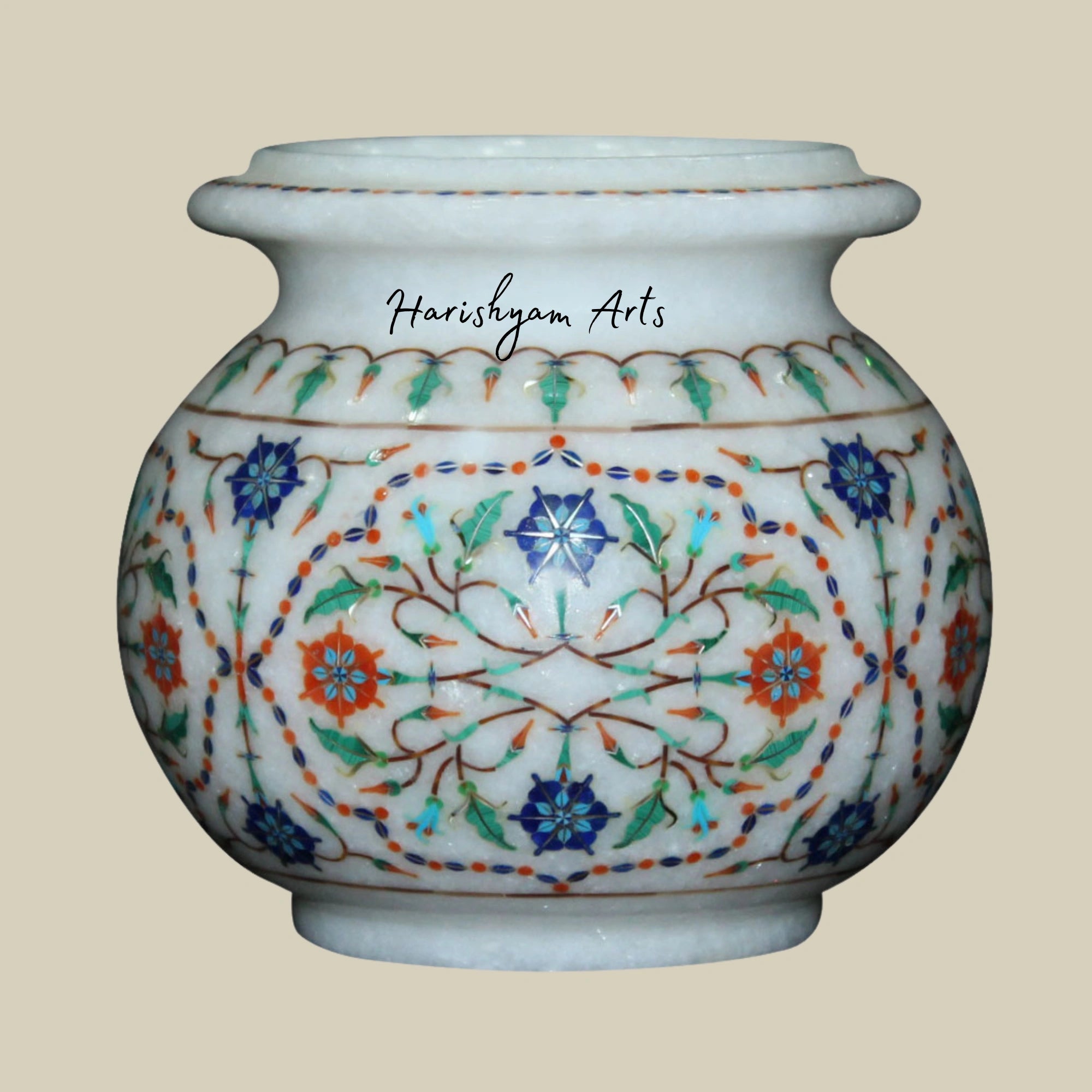 Floral Decorative Marble Flower Pot Elegant Handicraft Piece