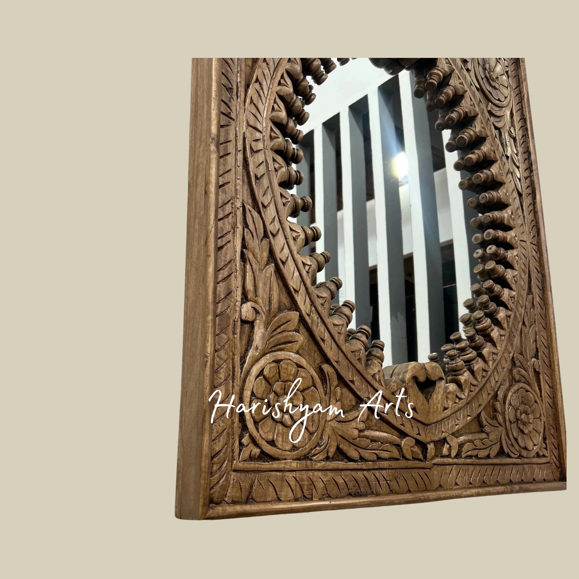 Floral Hand-Carved Wooden Mirror Frame