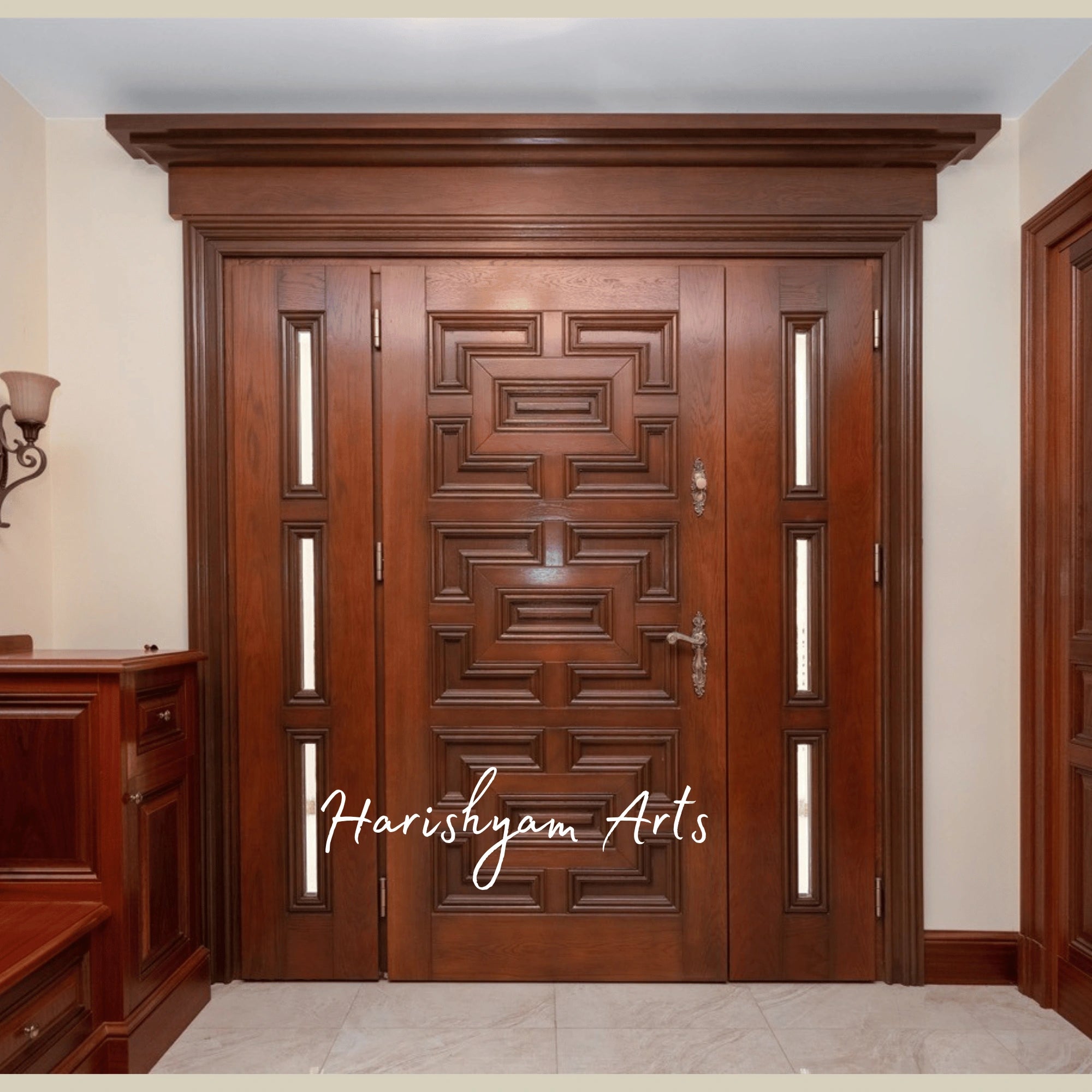 Geometric Elegance Double Door – Solid Teak Main Entrance with Art Deco Wooden Panels, Luxury Villa Entryway Door