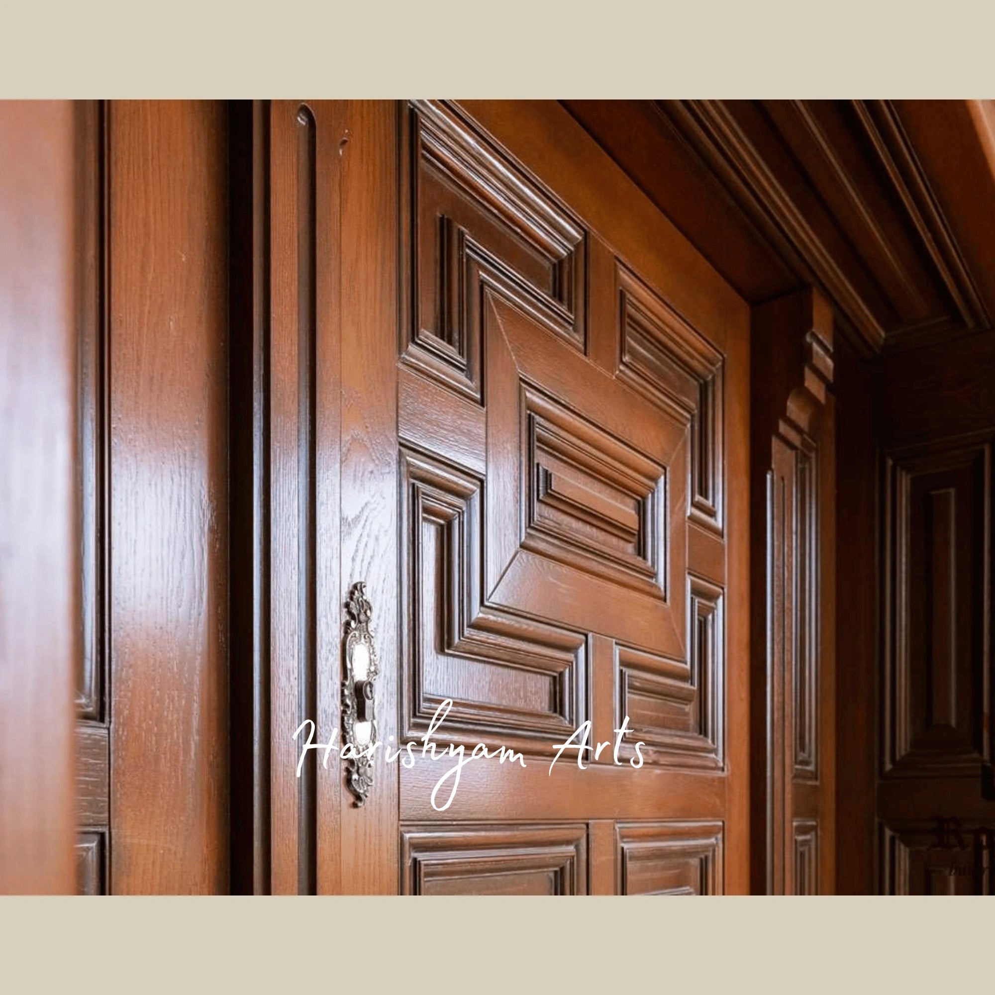 Geometric Elegance Double Door – Solid Teak Main Entrance with Art Deco Wooden Panels, Luxury Villa Entryway Door4