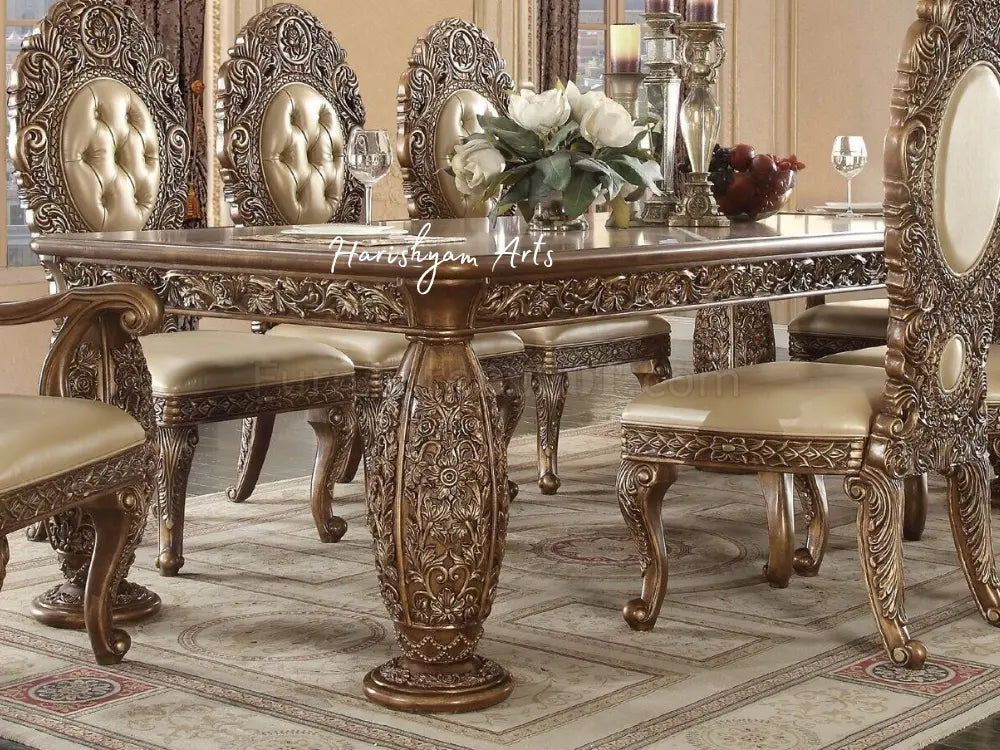 Golden Brown Traditional 7-Piece Dining Set with Luxurious Design, Carved Table, and Chairs