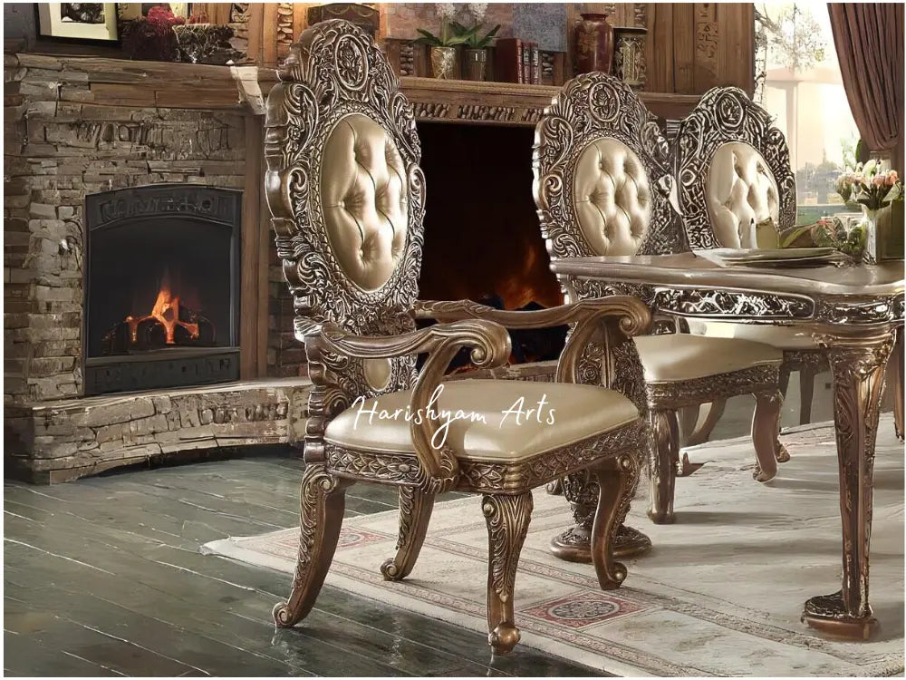Golden Brown Traditional 7-Piece Dining Set with Luxurious Design, Carved Table, and Chairs
