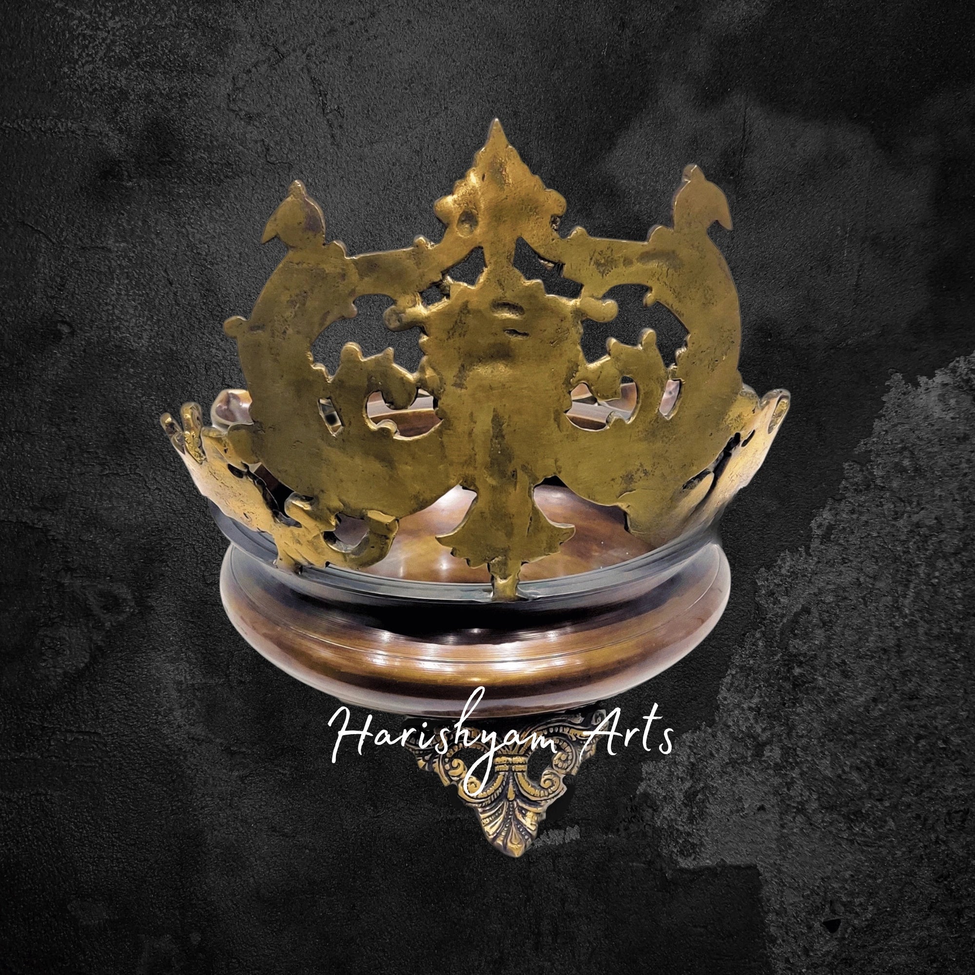 Grand Brass Panchdeep Urli Bowl with Hanging Bells and Engraved Spiral Backdrop