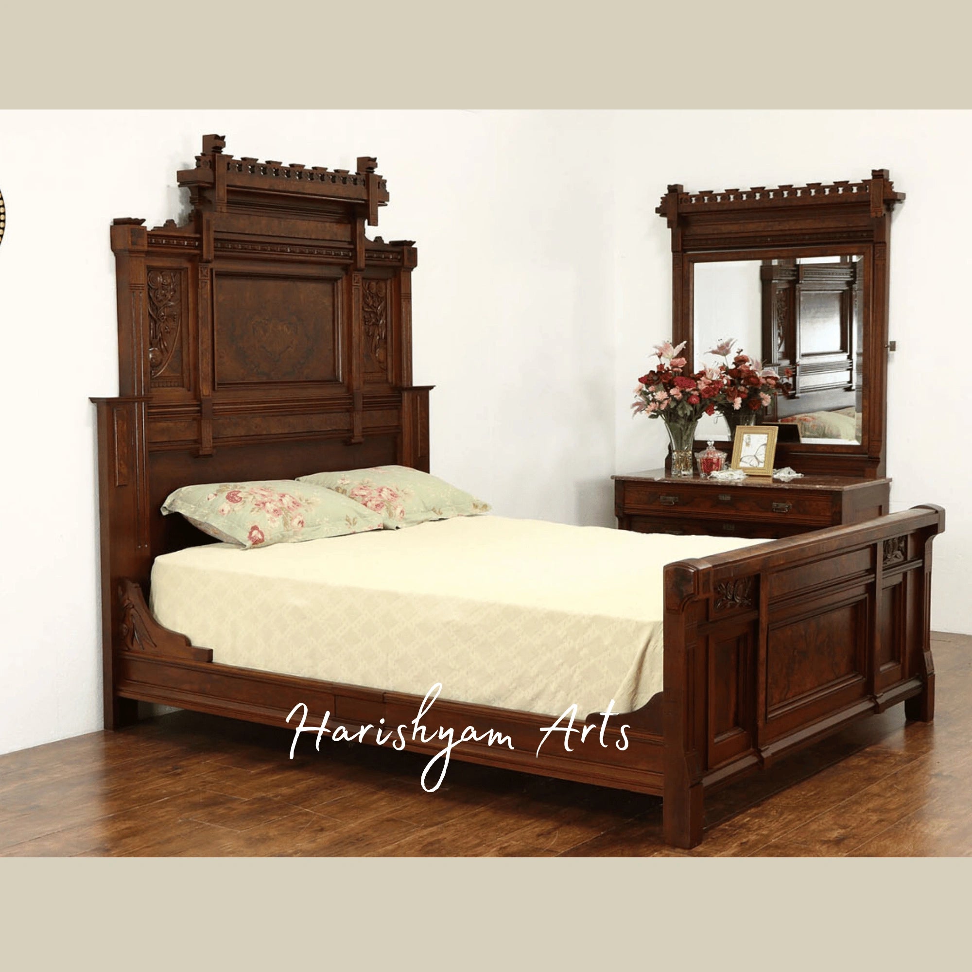 Grand Heritage Bedroom Set Handcrafted Solid Wood Bed with Elegant Mirror Dresser