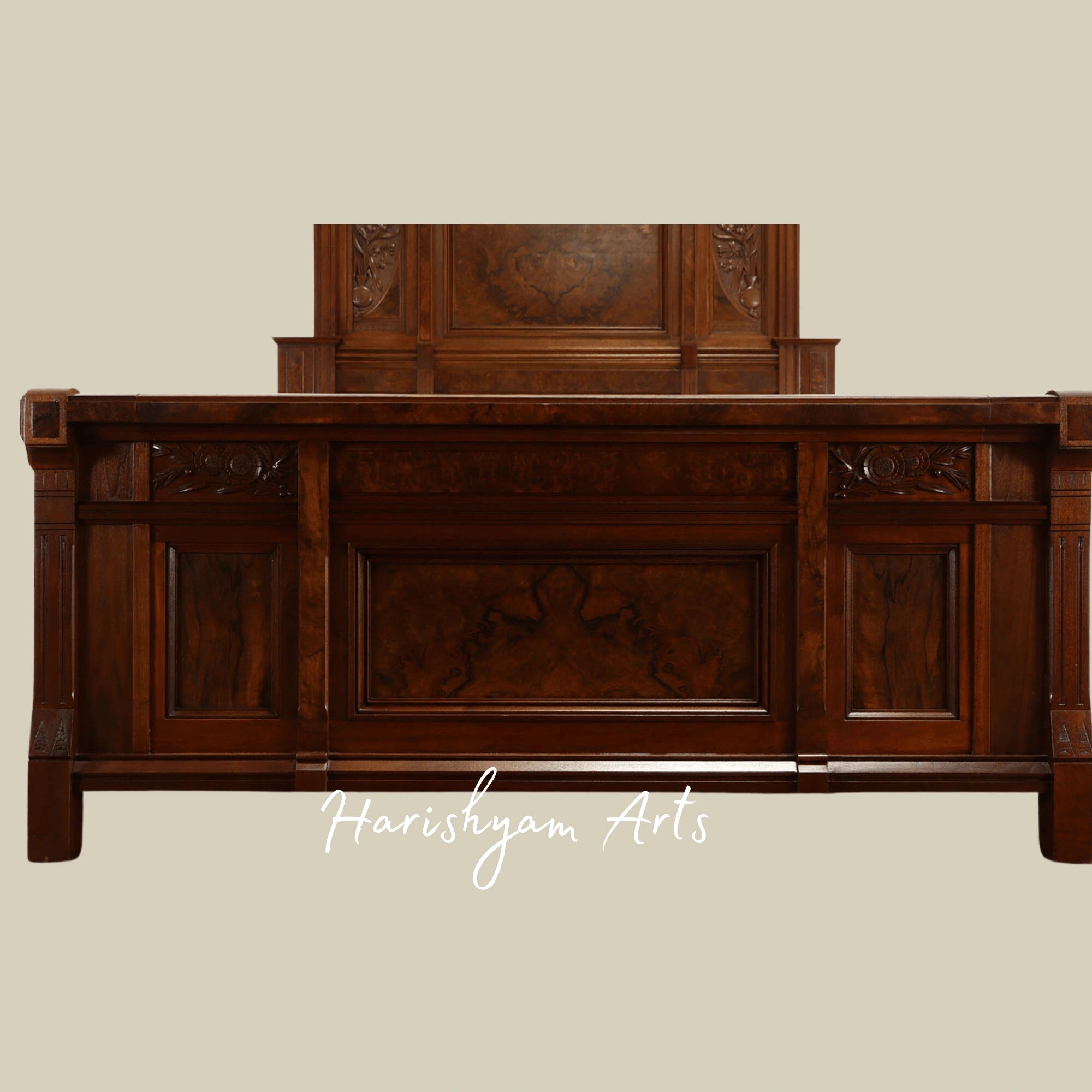 Grand Heritage Bedroom Set Handcrafted Solid Wood Bed with Elegant Mirror Dresser