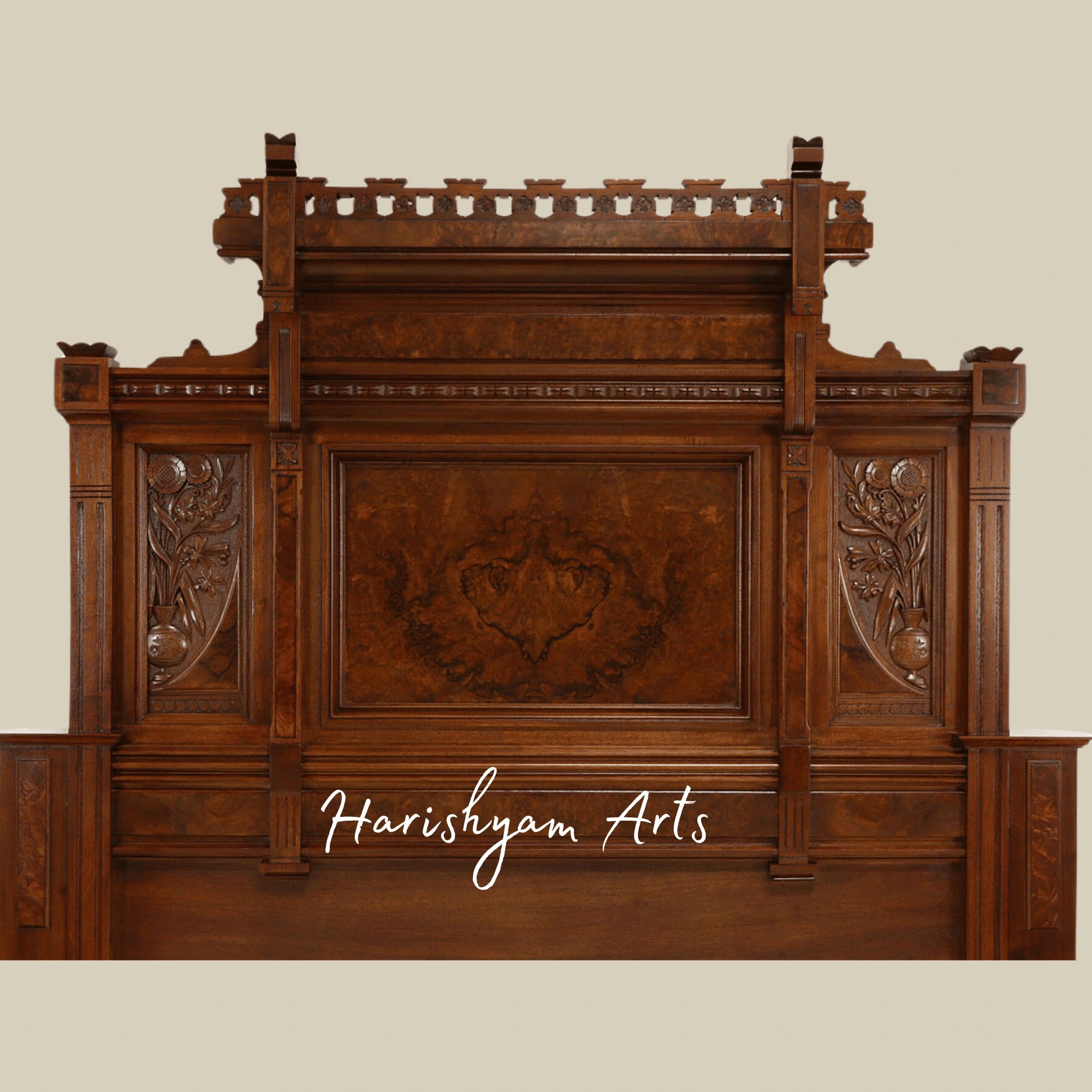Grand Heritage Bedroom Set Handcrafted Solid Wood Bed with Elegant Mirror Dresser
