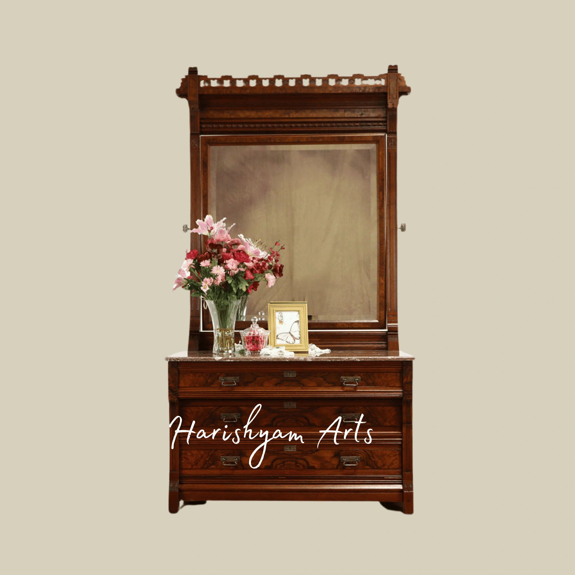 Grand Heritage Bedroom Set Handcrafted Solid Wood Bed with Elegant Mirror Dresser