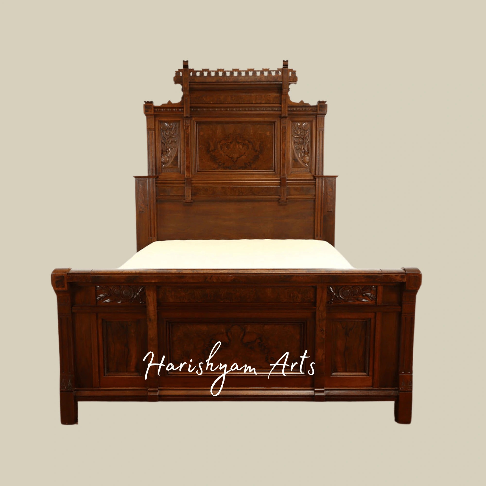 Grand Heritage Bedroom Set Handcrafted Solid Wood Bed with Elegant Mirror Dresser