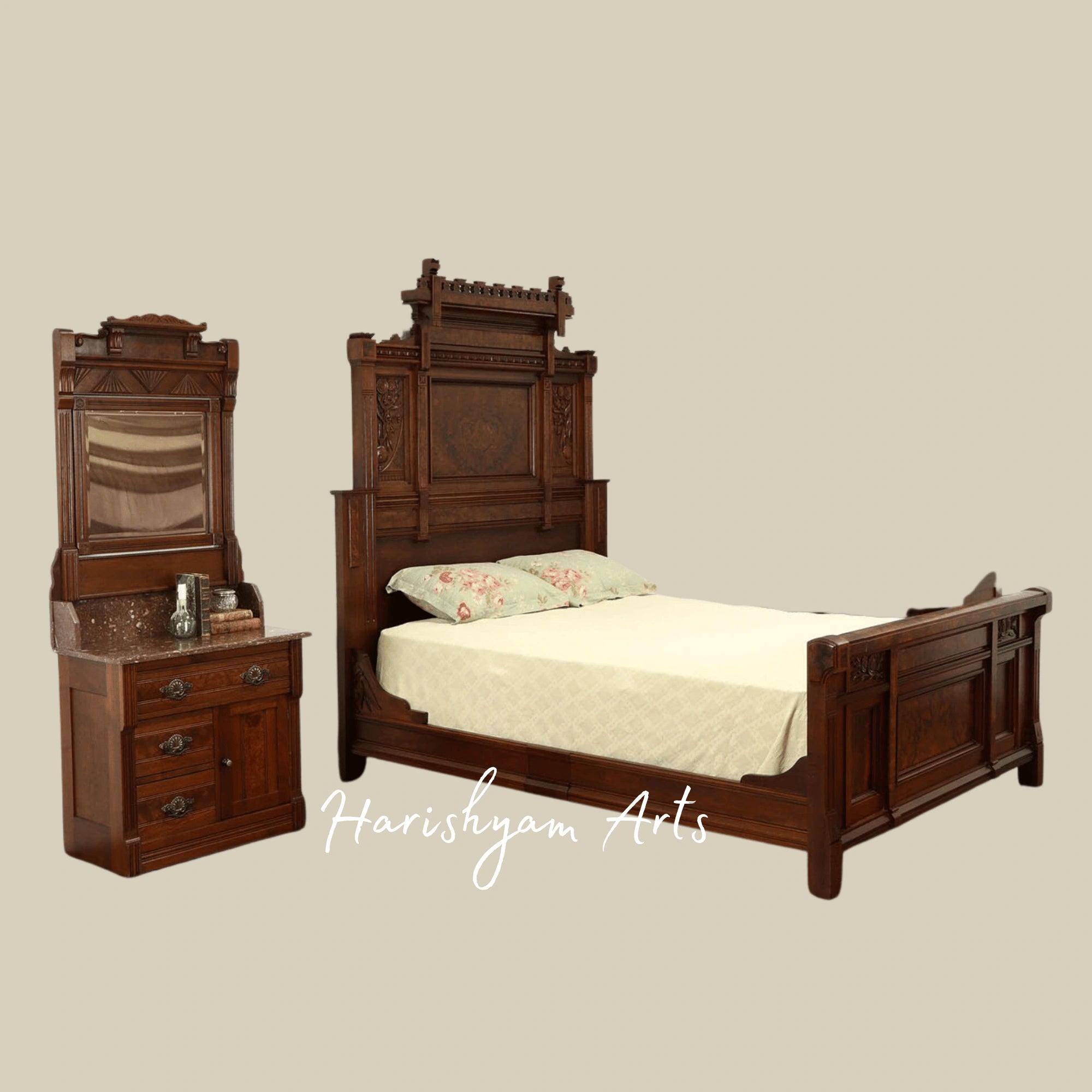 Grand Heritage Bedroom Set Handcrafted Solid Wood Bed with Elegant Mirror Dresser