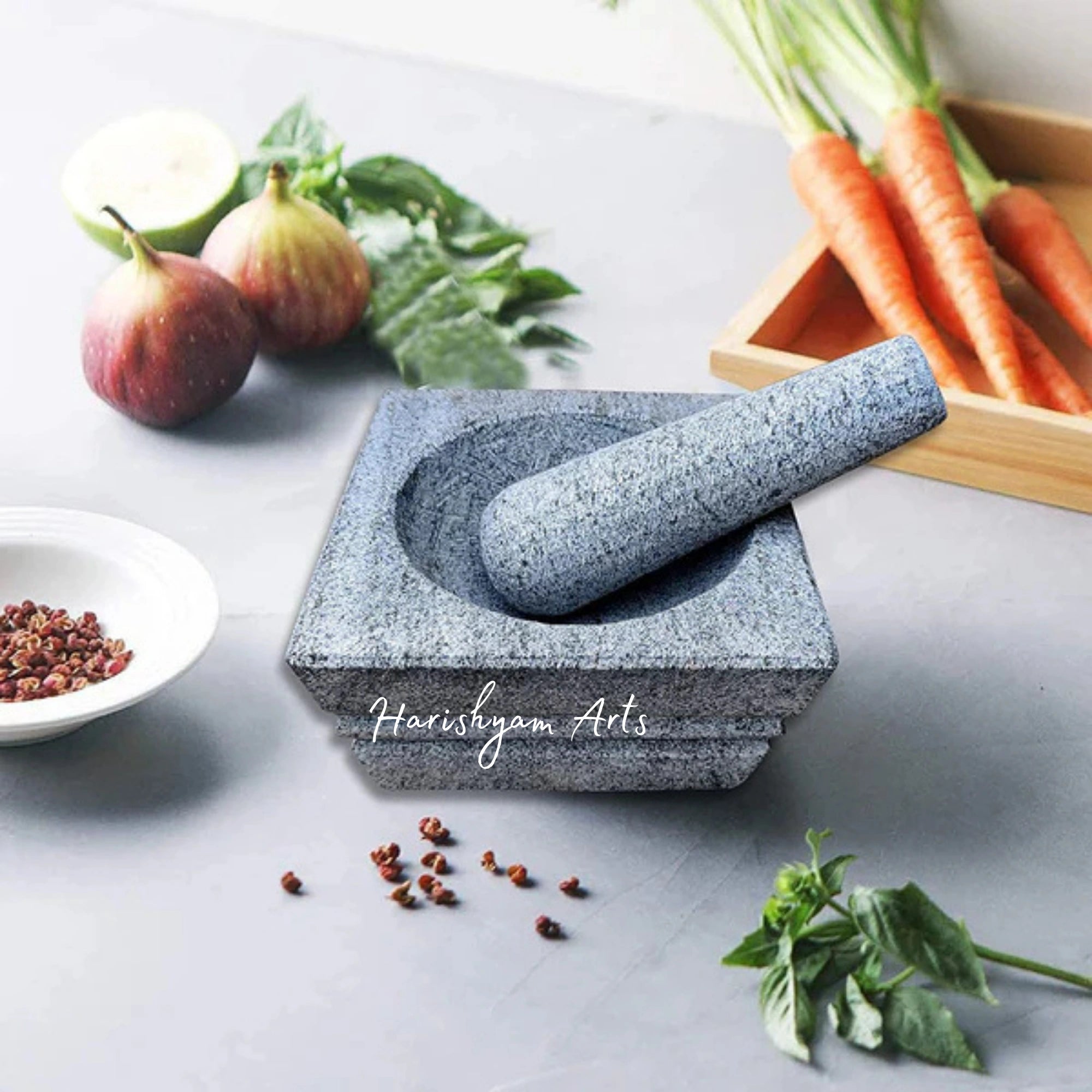Grey Square Stone Mortar & Pestle Set