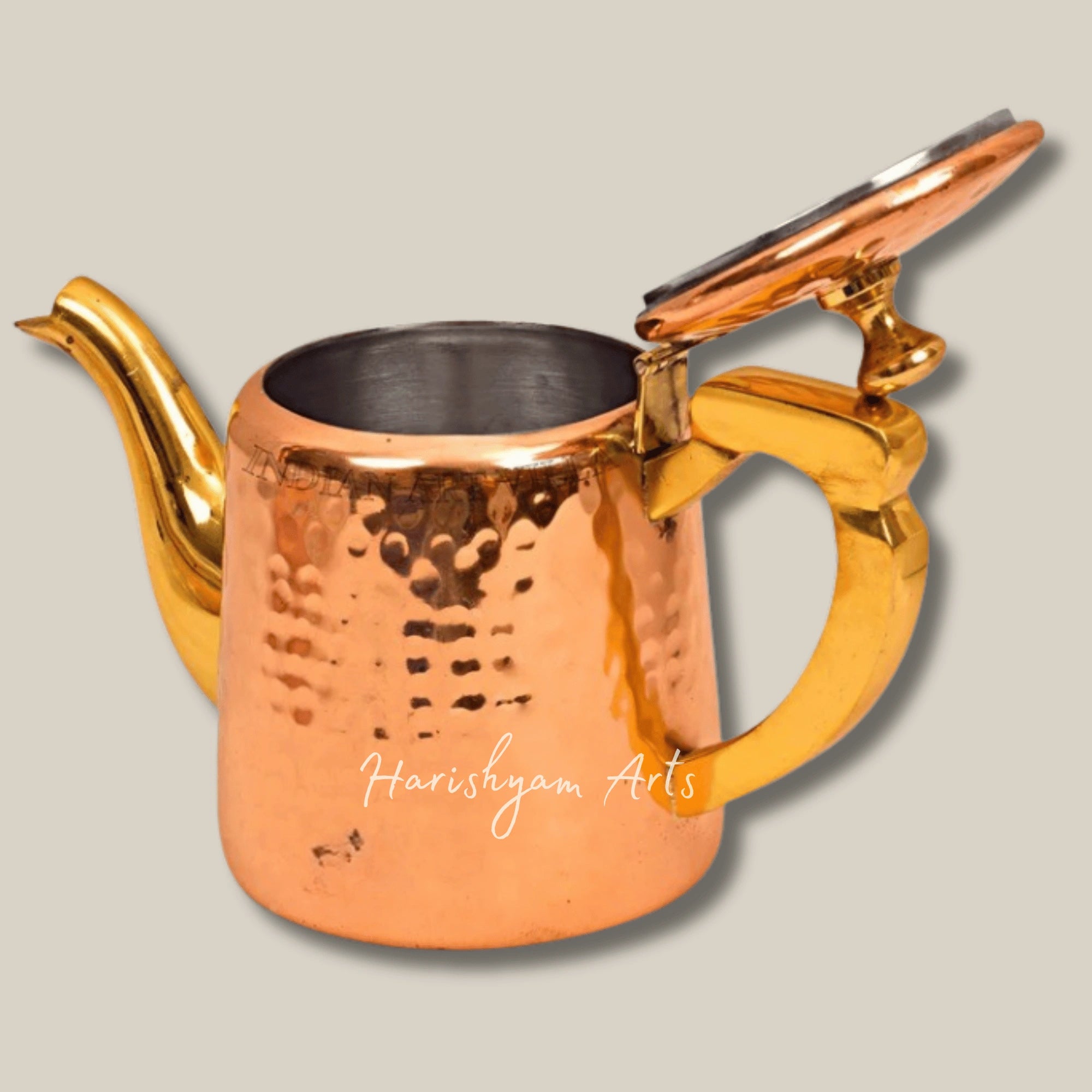 Hammered Tea Pot with Copper Exterior Tin Lining and Brass Handle