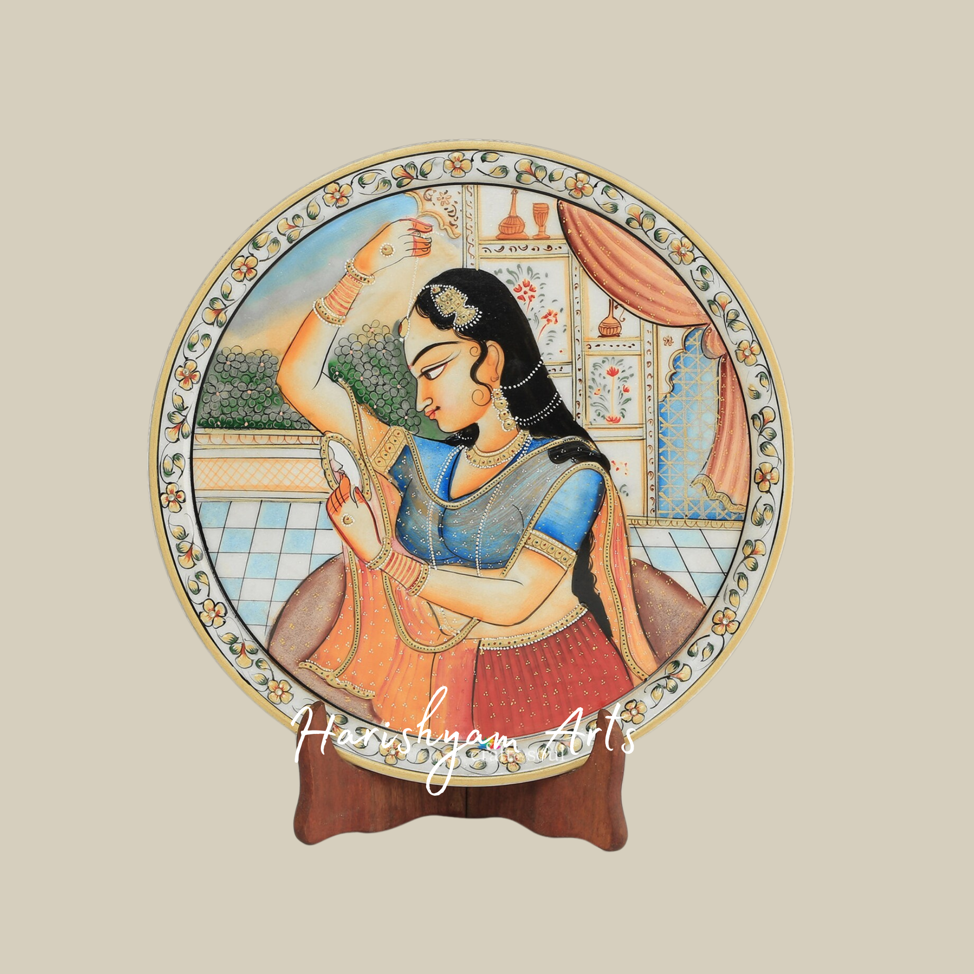 Hand-Painted Indian Art Marble Plate with Intricate Inlay Work