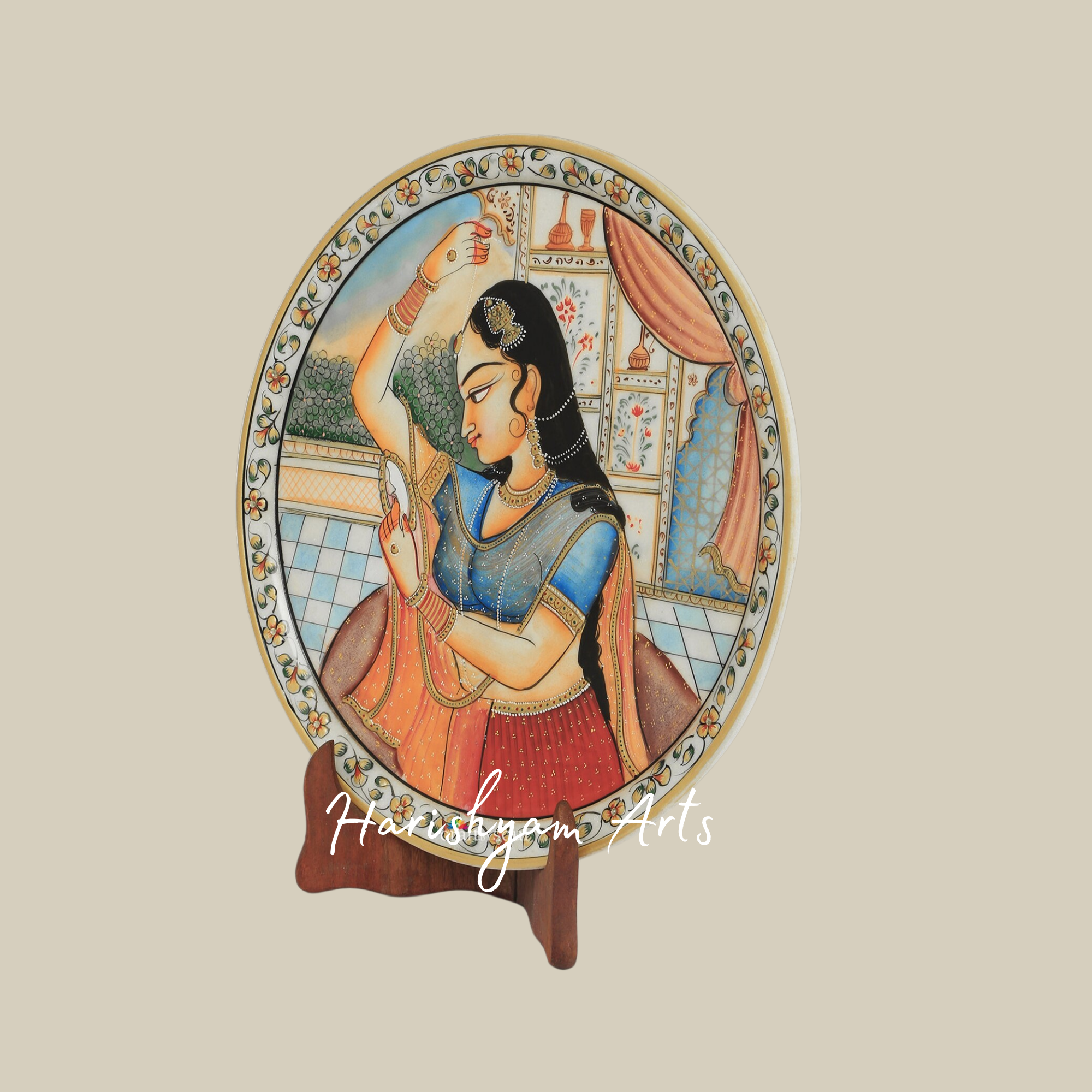 Hand-Painted Indian Art Marble Plate with Intricate Inlay Work