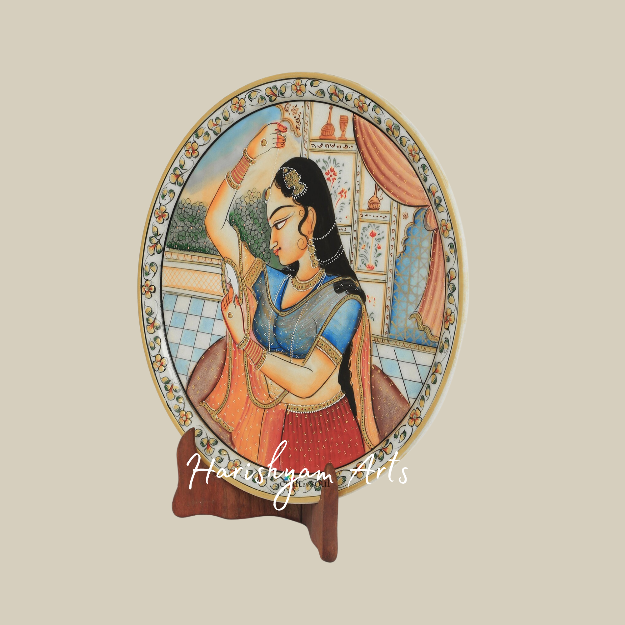 Hand-Painted Indian Art Marble Plate with Intricate Inlay Work