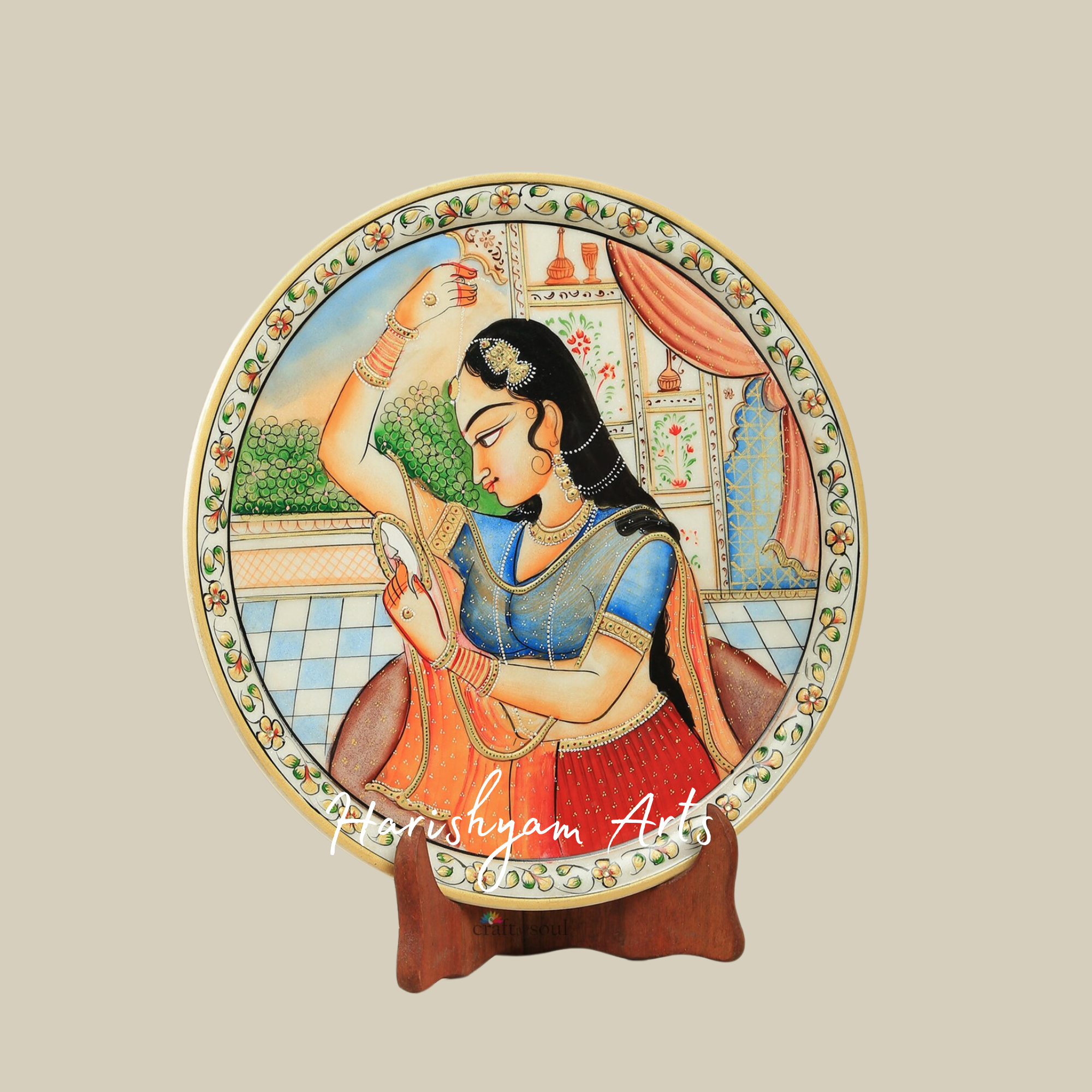 Hand-Painted Indian Art Marble Plate with Intricate Inlay Work