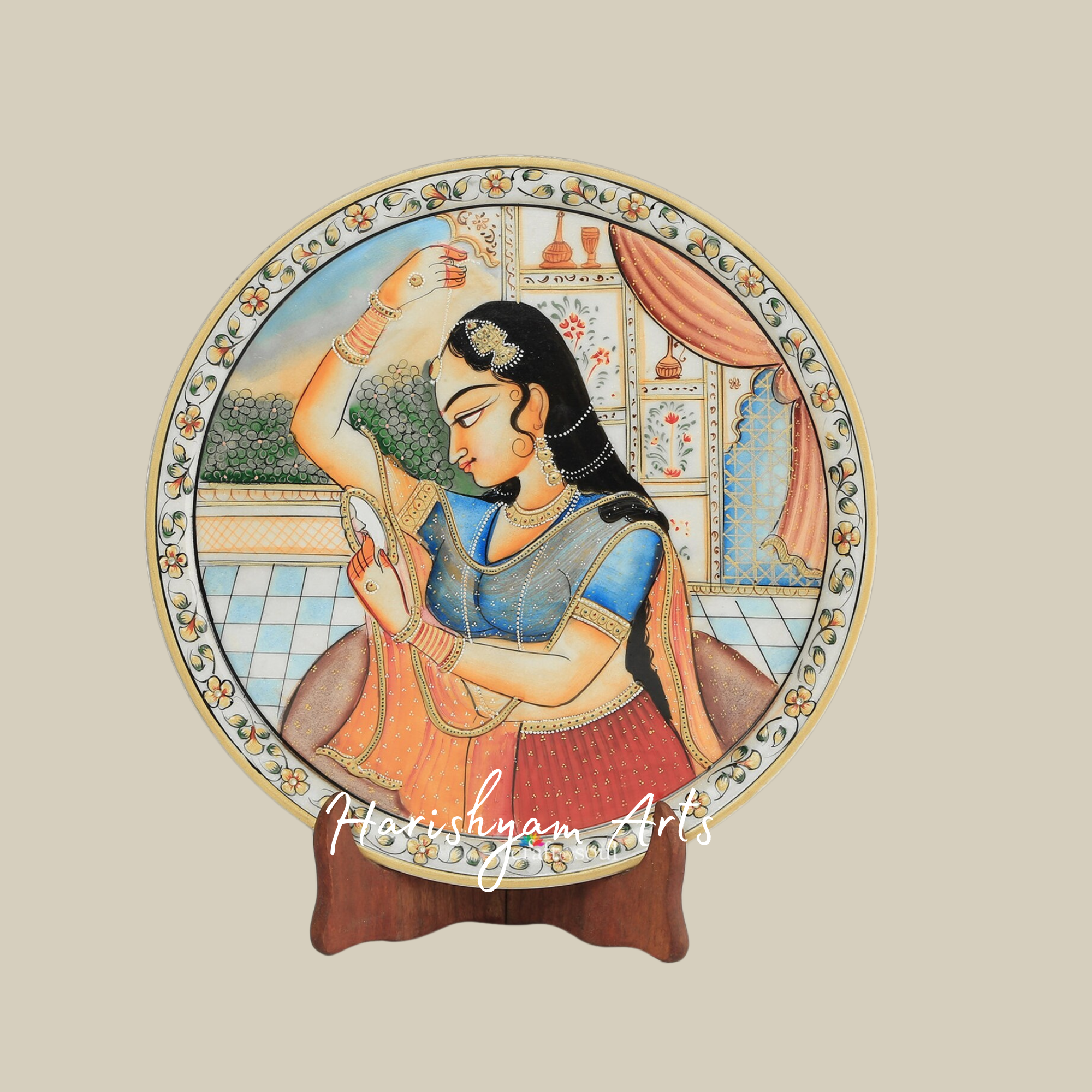Hand-Painted Indian Art Marble Plate with Intricate Inlay Work