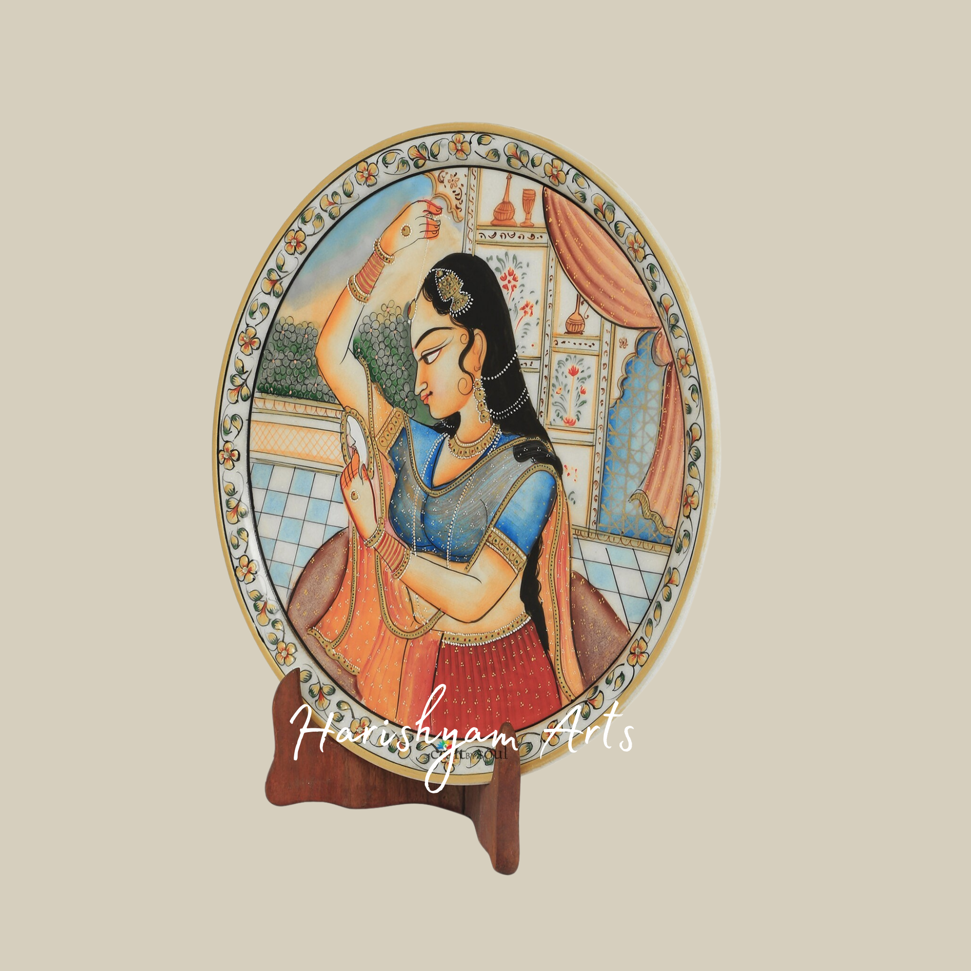 Hand-Painted Indian Art Marble Plate with Intricate Inlay Work