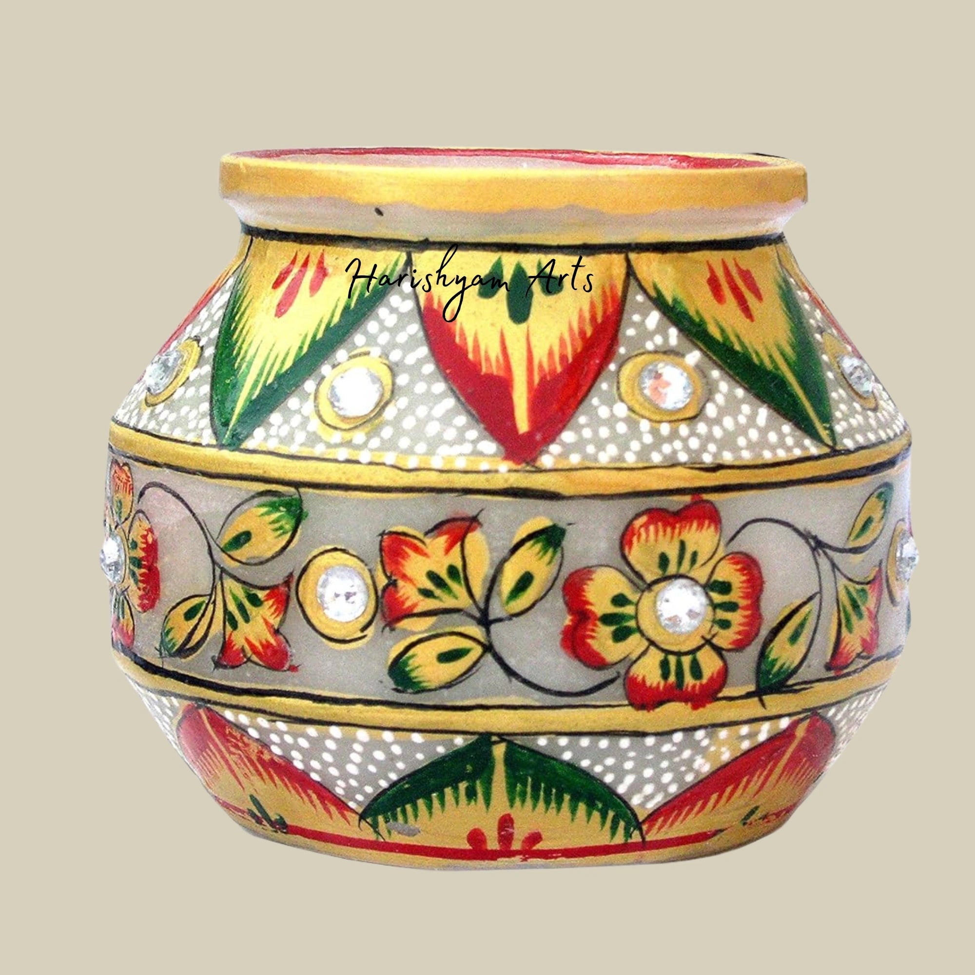 Hand Painted Round Marble Pot Elegant Decorative Showpiece