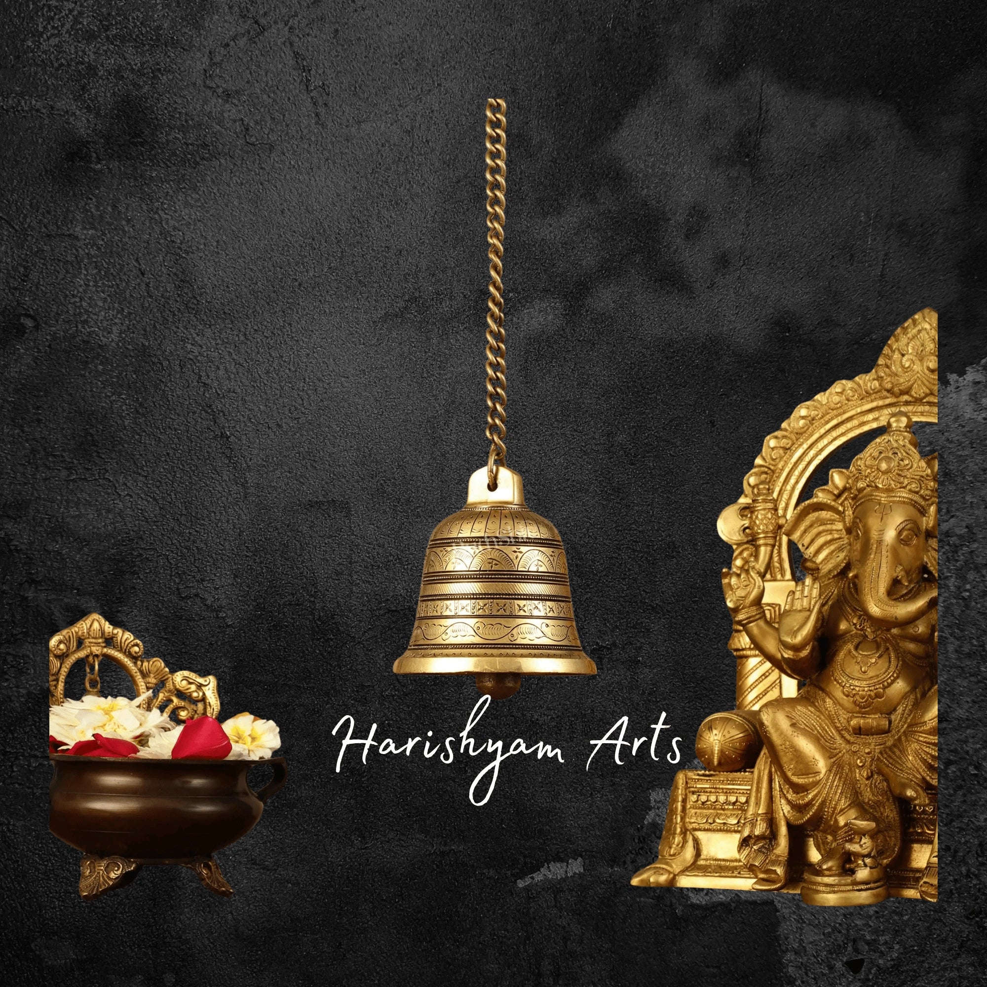 Handcrafted Brass Bell with Detailed Temple Engravings