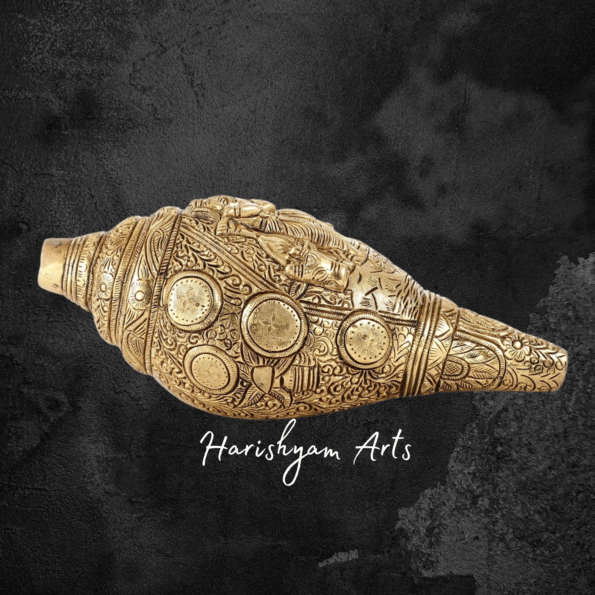Handcrafted Brass Shankh with Divine Radha Krishna Carvings
