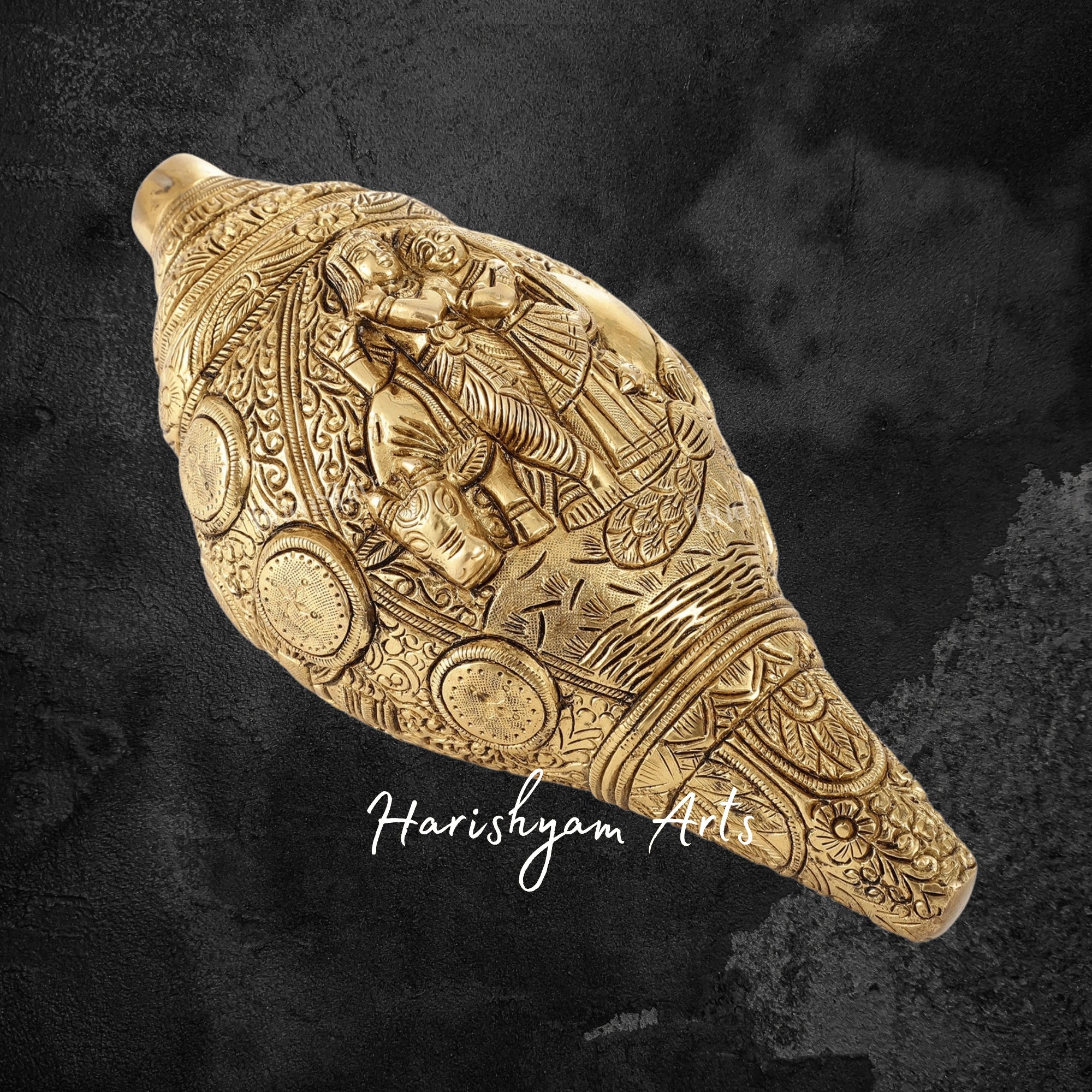 Handcrafted Brass Shankh with Divine Radha Krishna Carvings