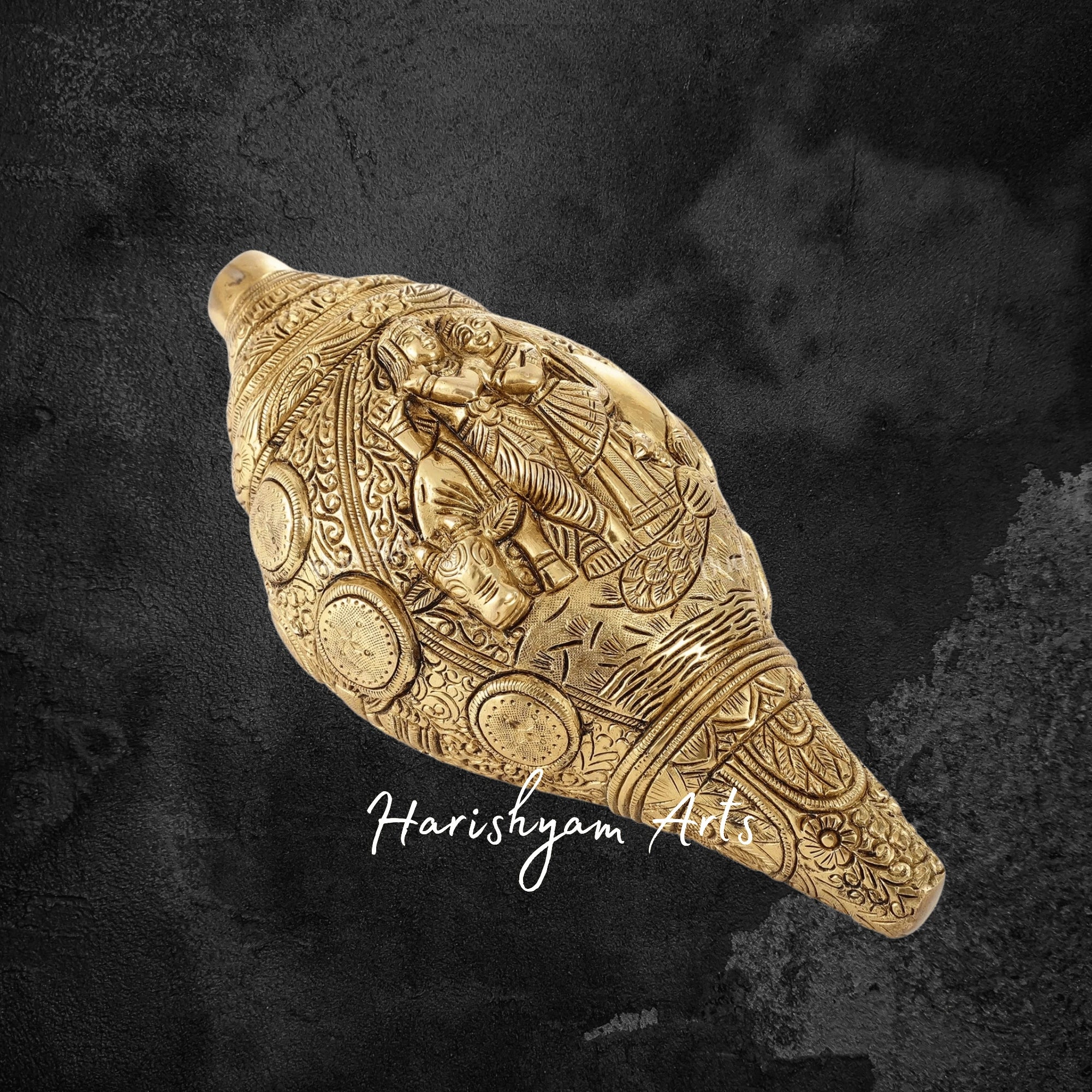 Handcrafted Brass Shankh with Divine Radha Krishna Carvings