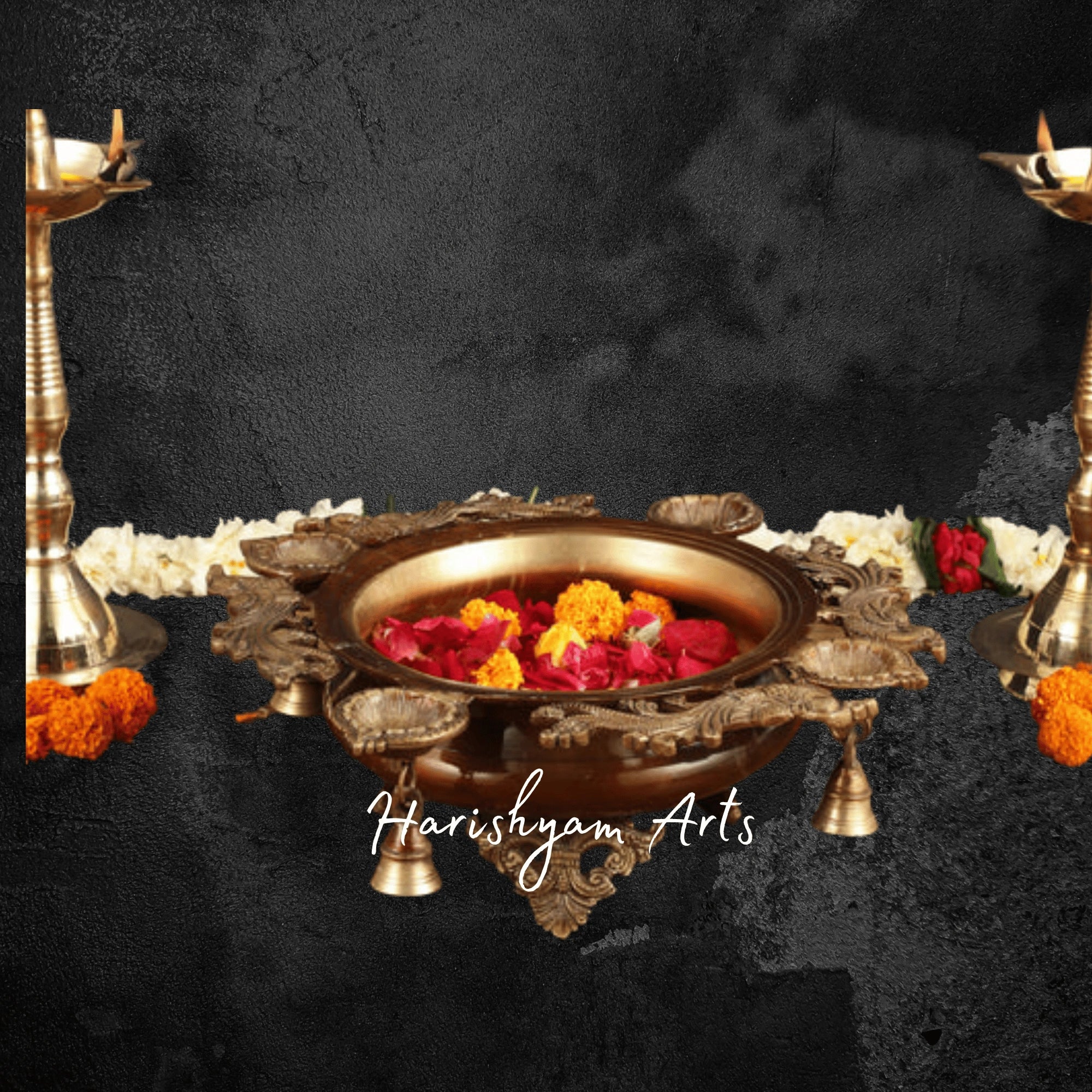Handcrafted Brass Urli Bowl with 11 Lotus Oil Lamps for Home Temple