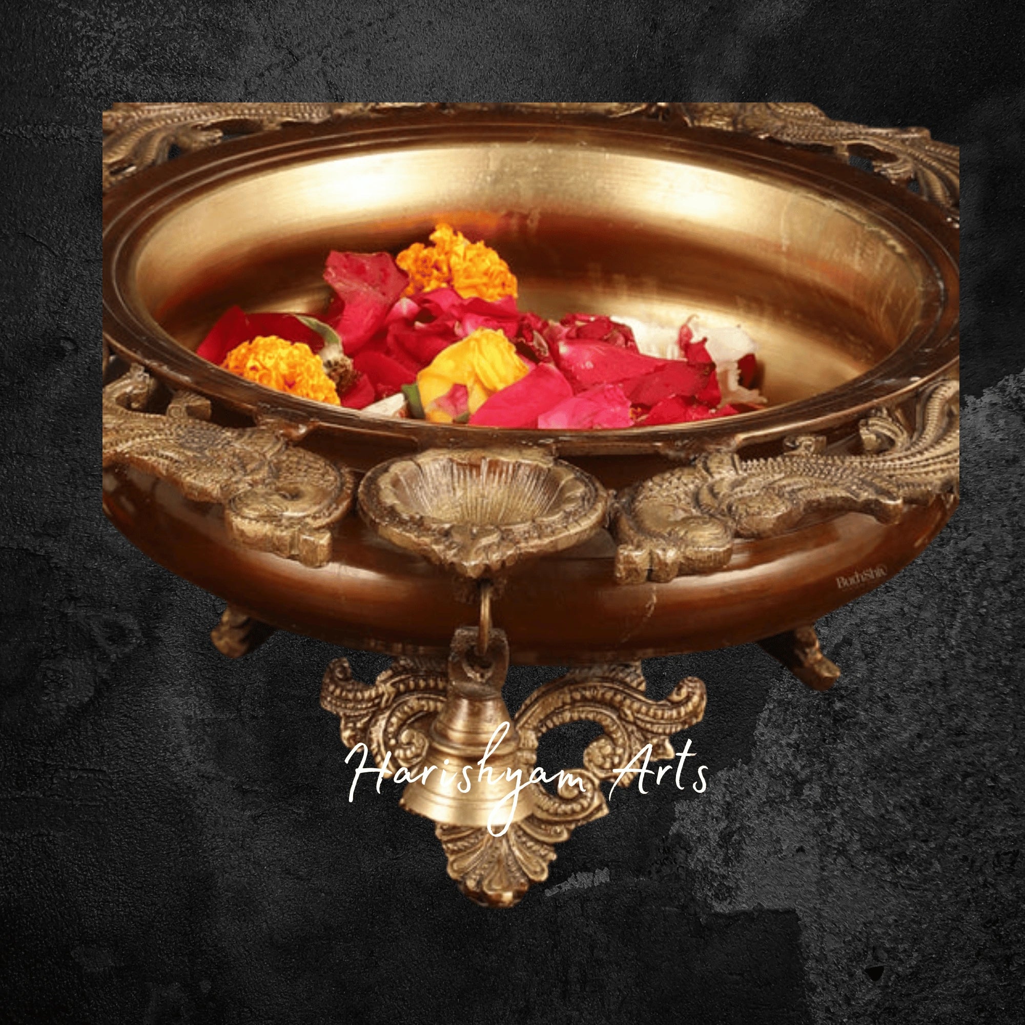 Handcrafted Brass Urli Bowl with 11 Lotus Oil Lamps for Home Temple
