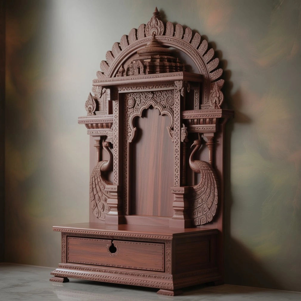 Handcrafted Floor Mandir with Dual Peacock Pillars – Teak Finish