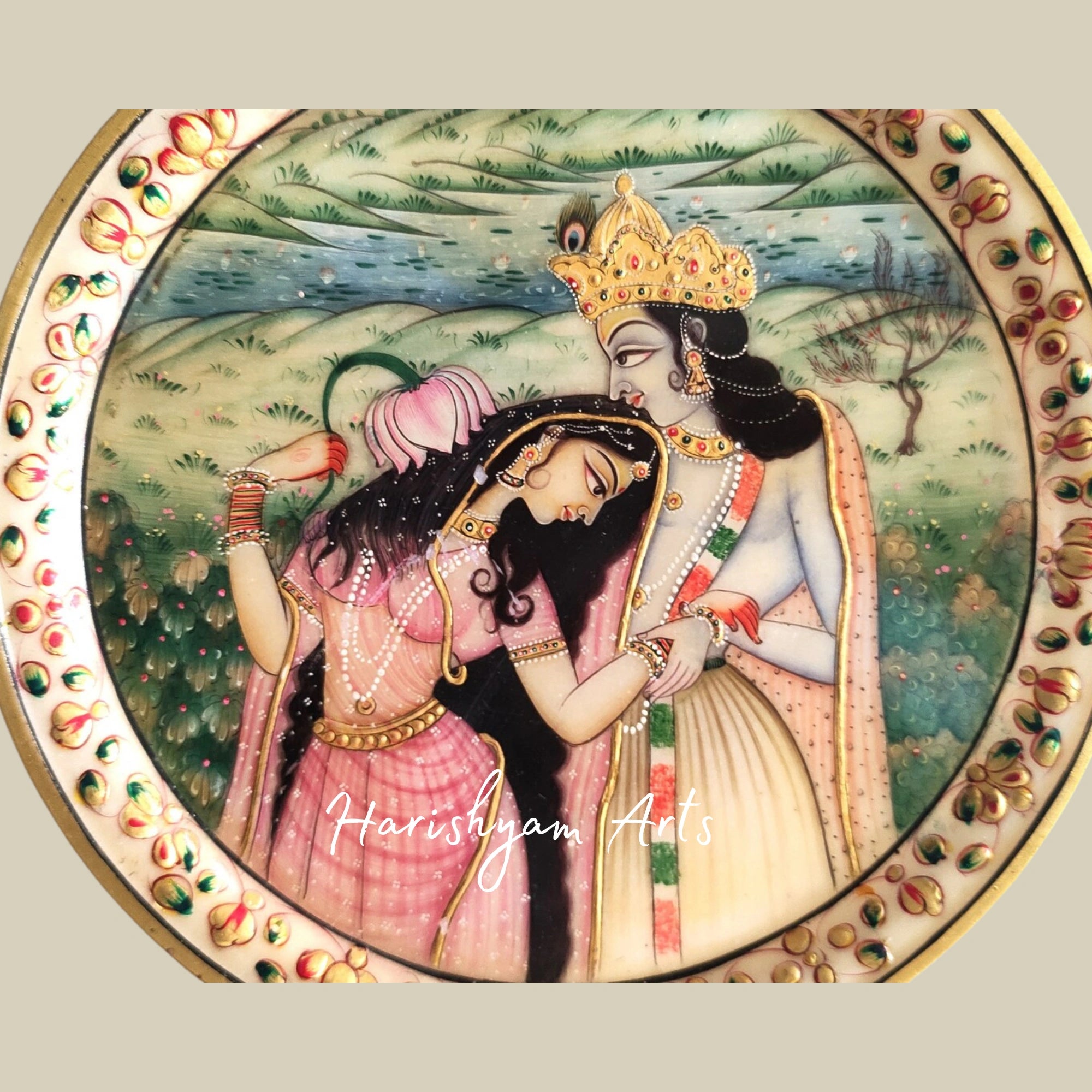Handcrafted Indian Stone Plate – Vintage Krishna & Radha Painting