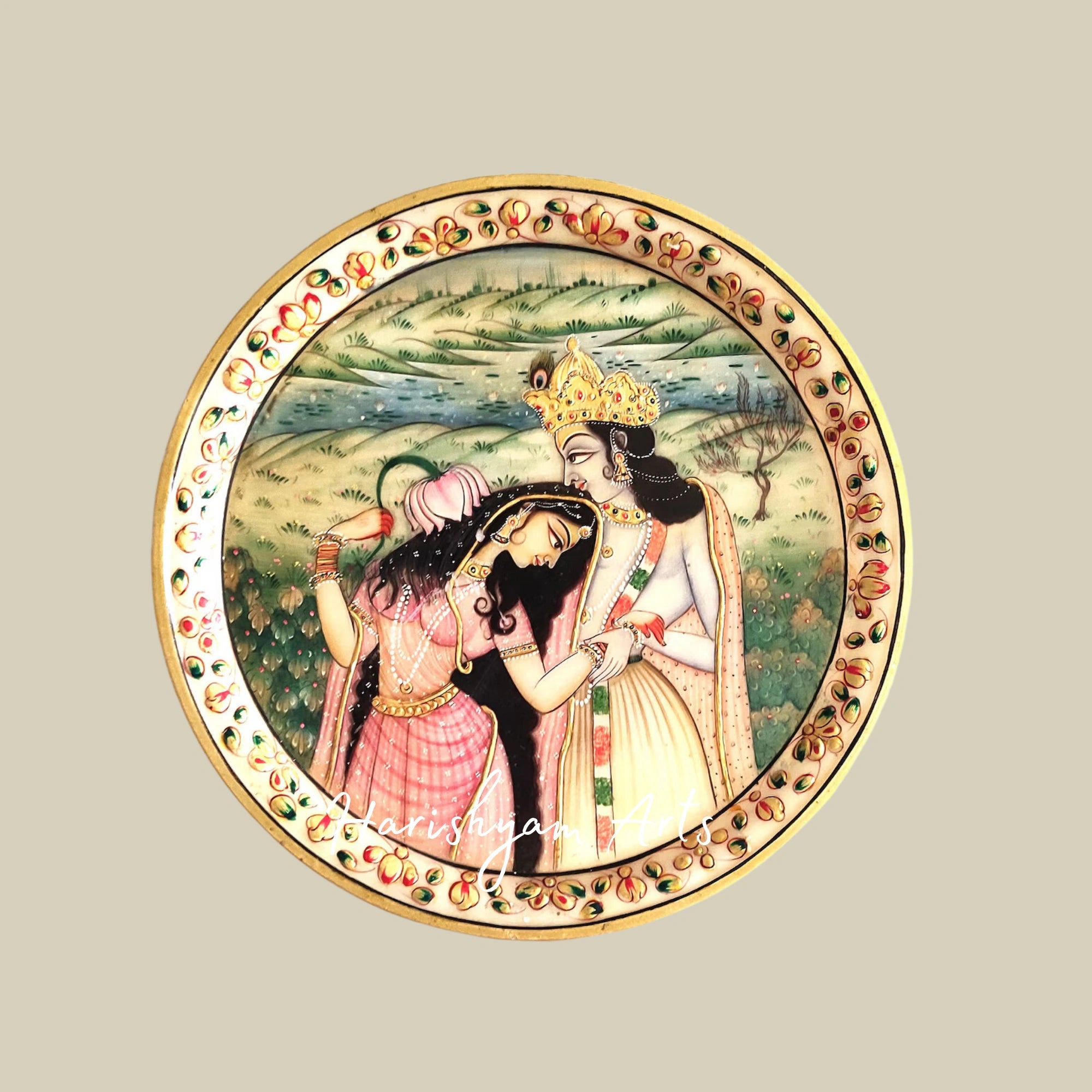 Handcrafted Indian Stone Plate – Vintage Krishna & Radha Painting