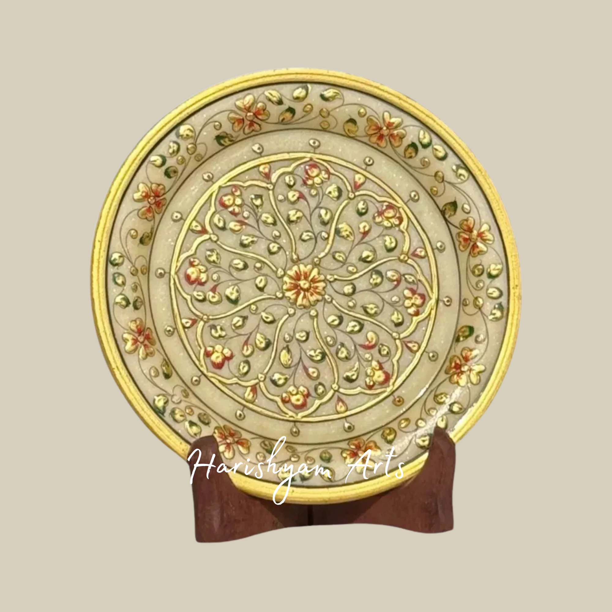 Handcrafted Marble Decorative Plate with Antique Gold Embossed Design & Wooden Stand