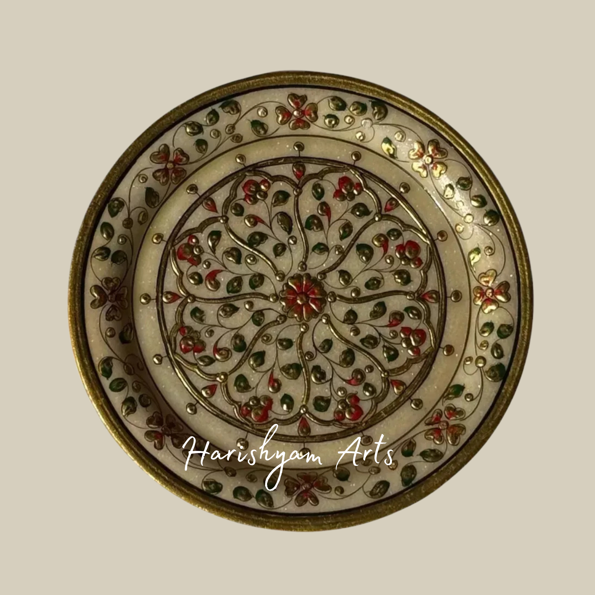 Handcrafted Marble Decorative Plate with Antique Gold Embossed Design & Wooden Stand